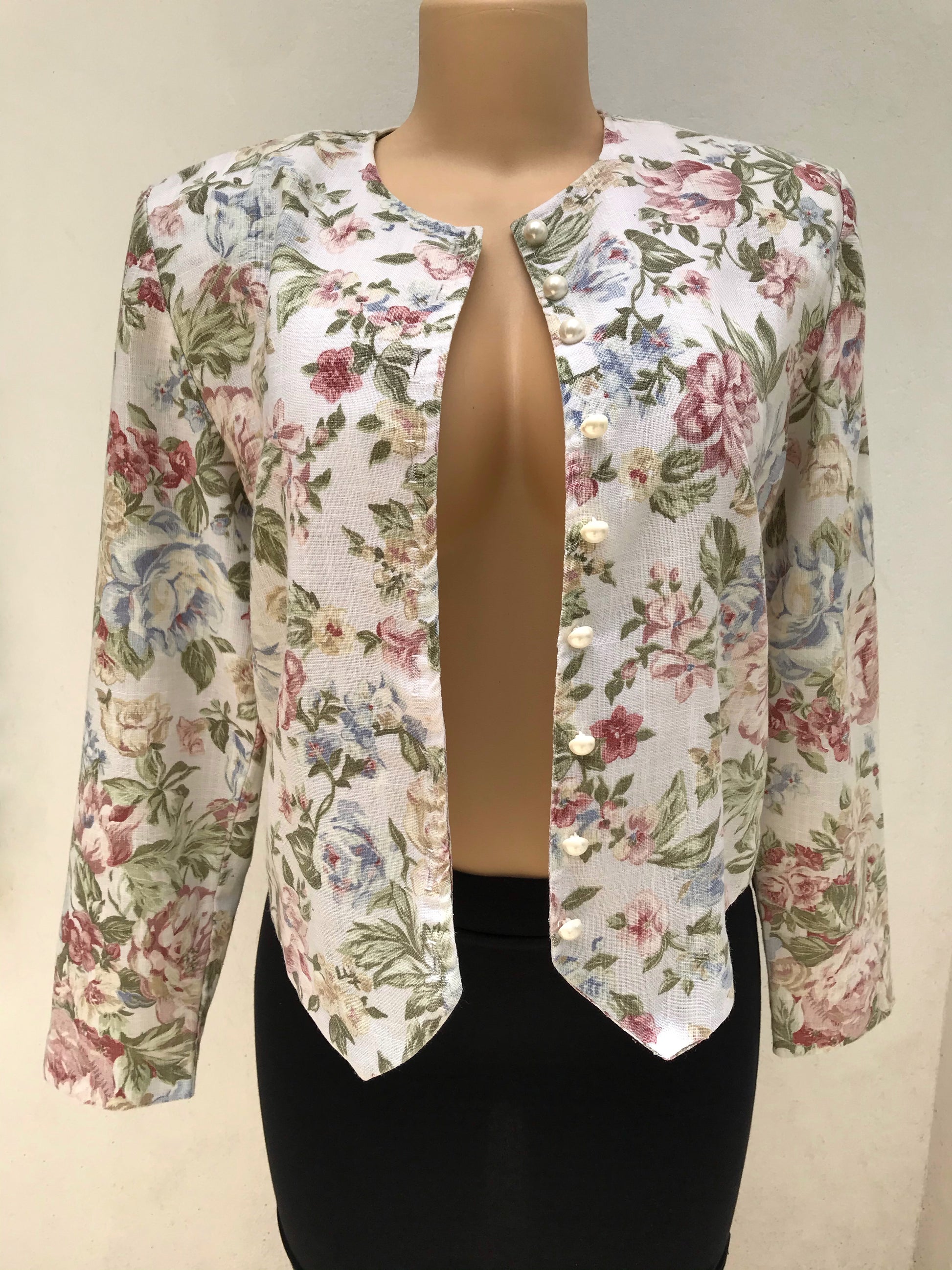 80s Vintage Pastel Floral Light Blazer Linen Look