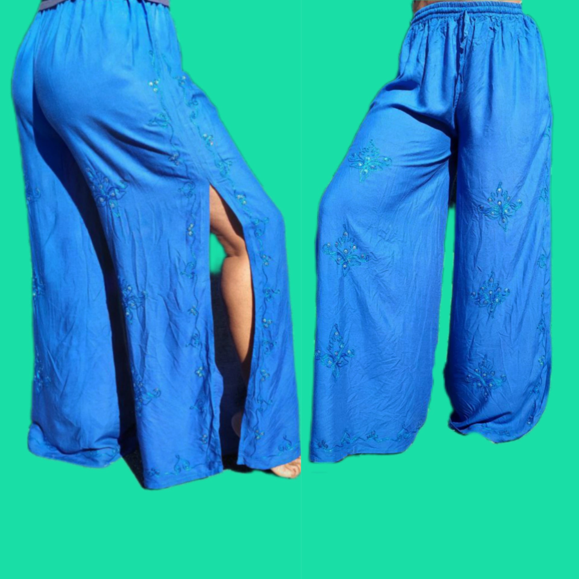 Cotton Blue Palazzo Pants with Side Slits - Free Size