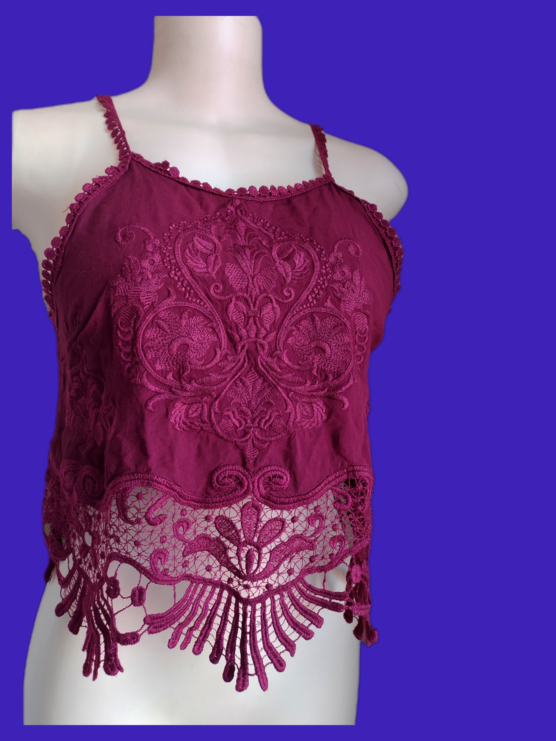 Burgundy Embroidered Date Night Crop Top - S
