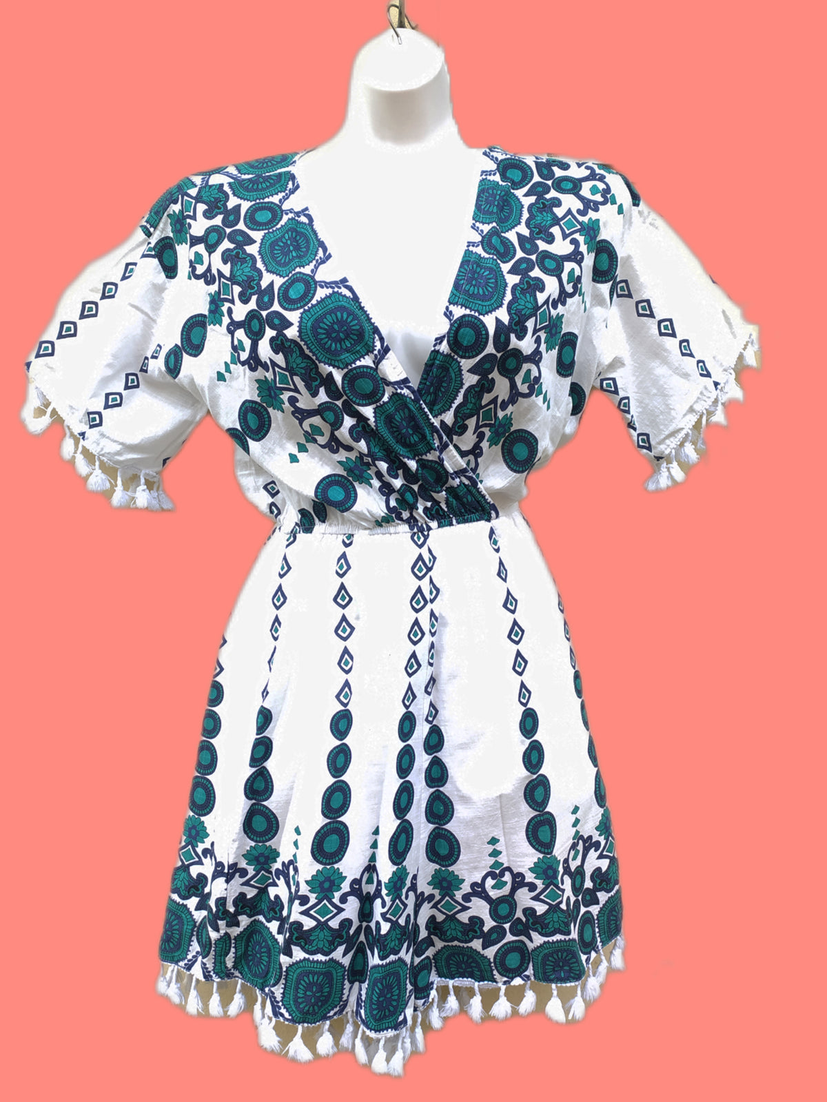 Organic White Print Tassel Romper ~~~ S