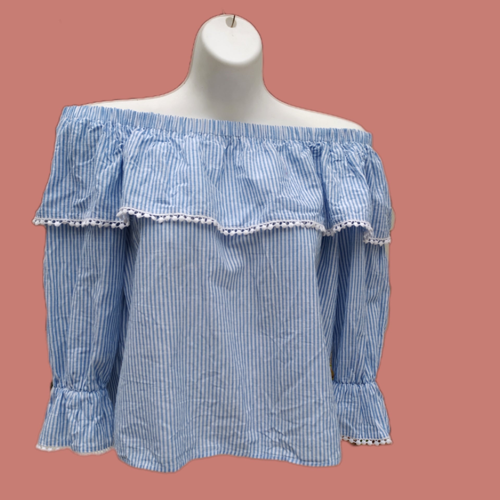 Blue Striped Off-The-Shoulder Tassel Blouse - XS/S/M