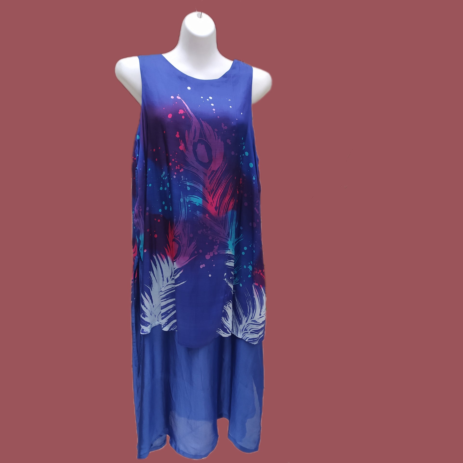 Deep Blue Peacock Feather Dress (New - 100% Silk) - M/L