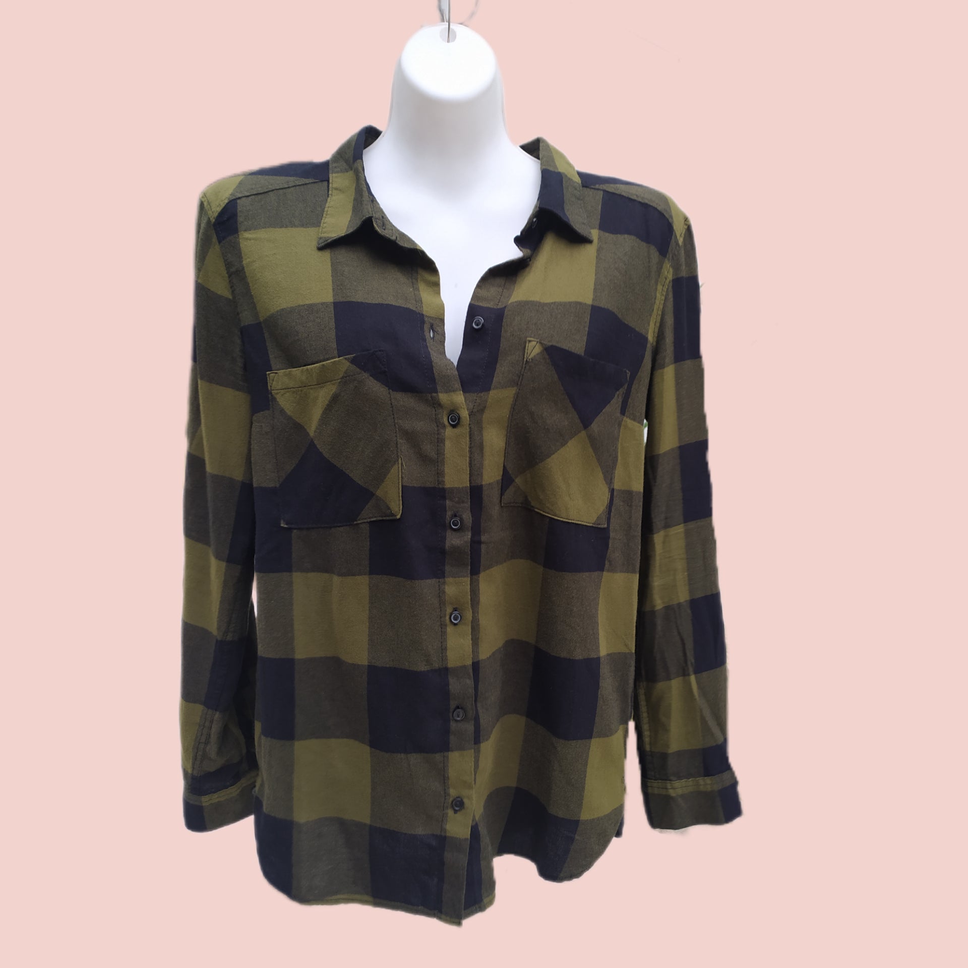Army Green Plaid Long Sleeve Button-Down (New - 100% Cotton) - size 6