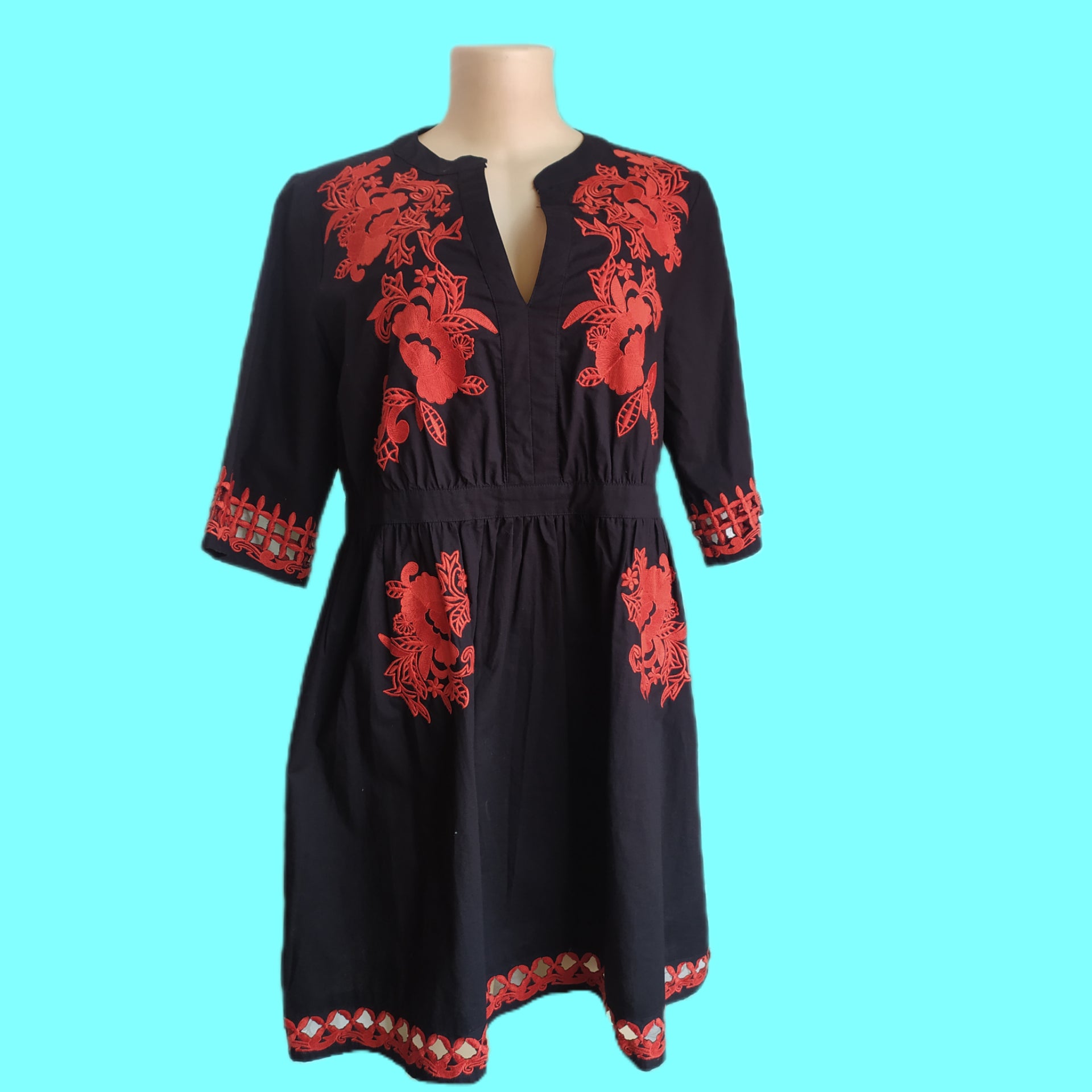 Black A-line Dress w Burnt Orange Embroidery Detail - M