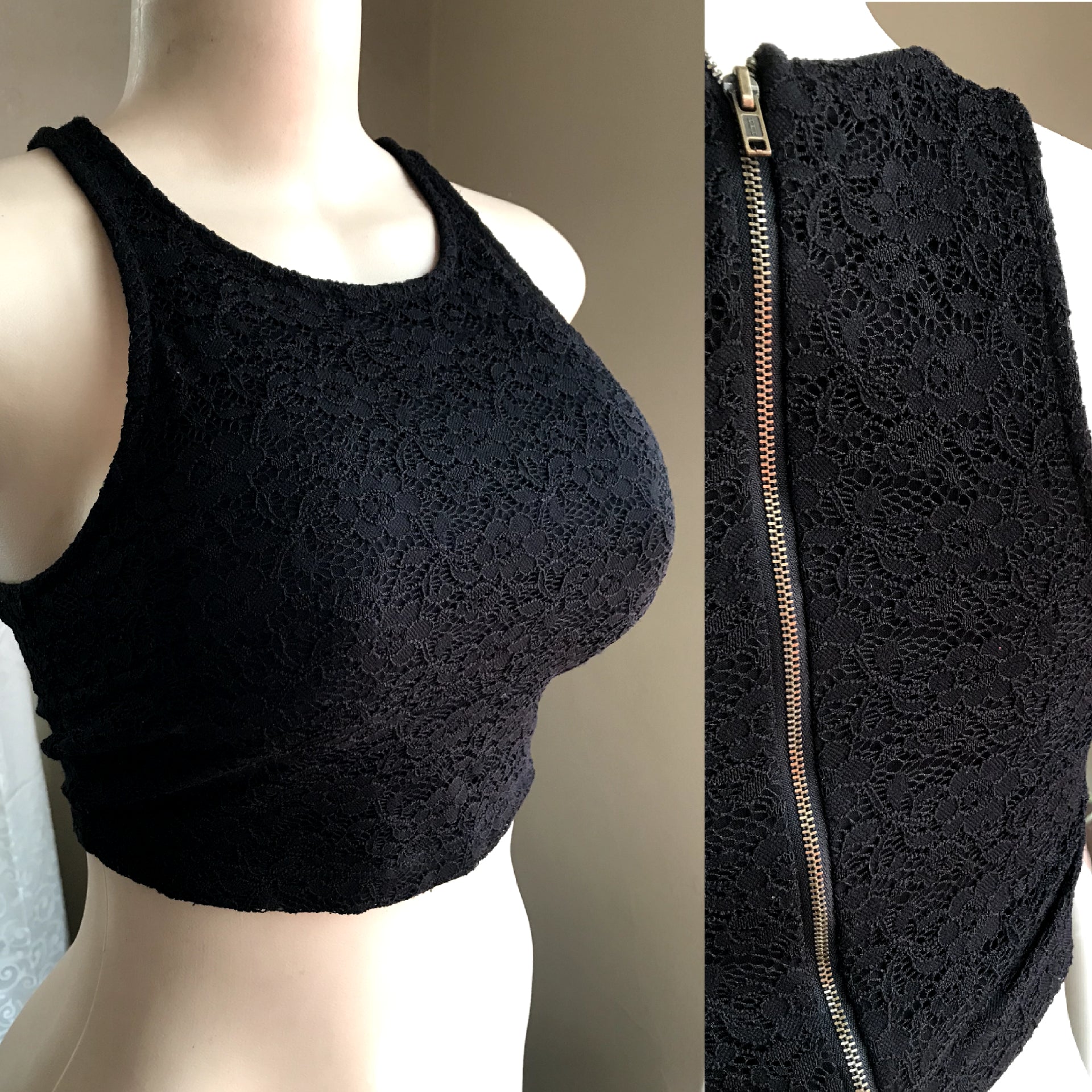 Forever21 Black Lace Crop Top Zip Back - S