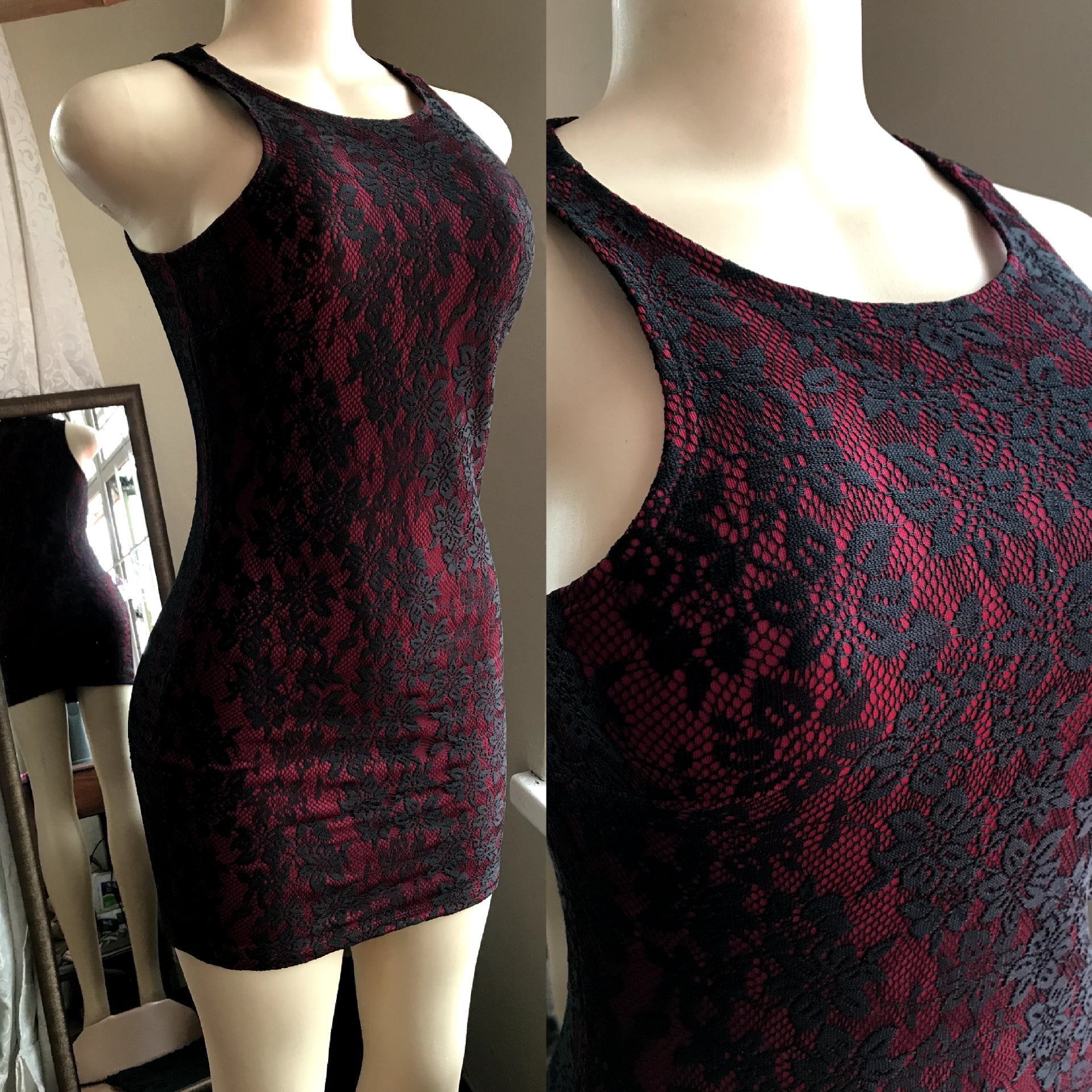 Forever21 Wine Red & Black Lace Mini Dress - S