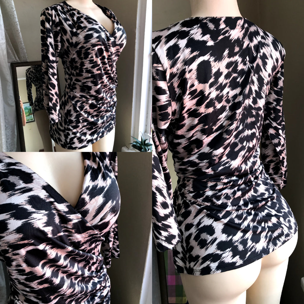 Retro Silky Long Sleeve Animal Print Blouse - M