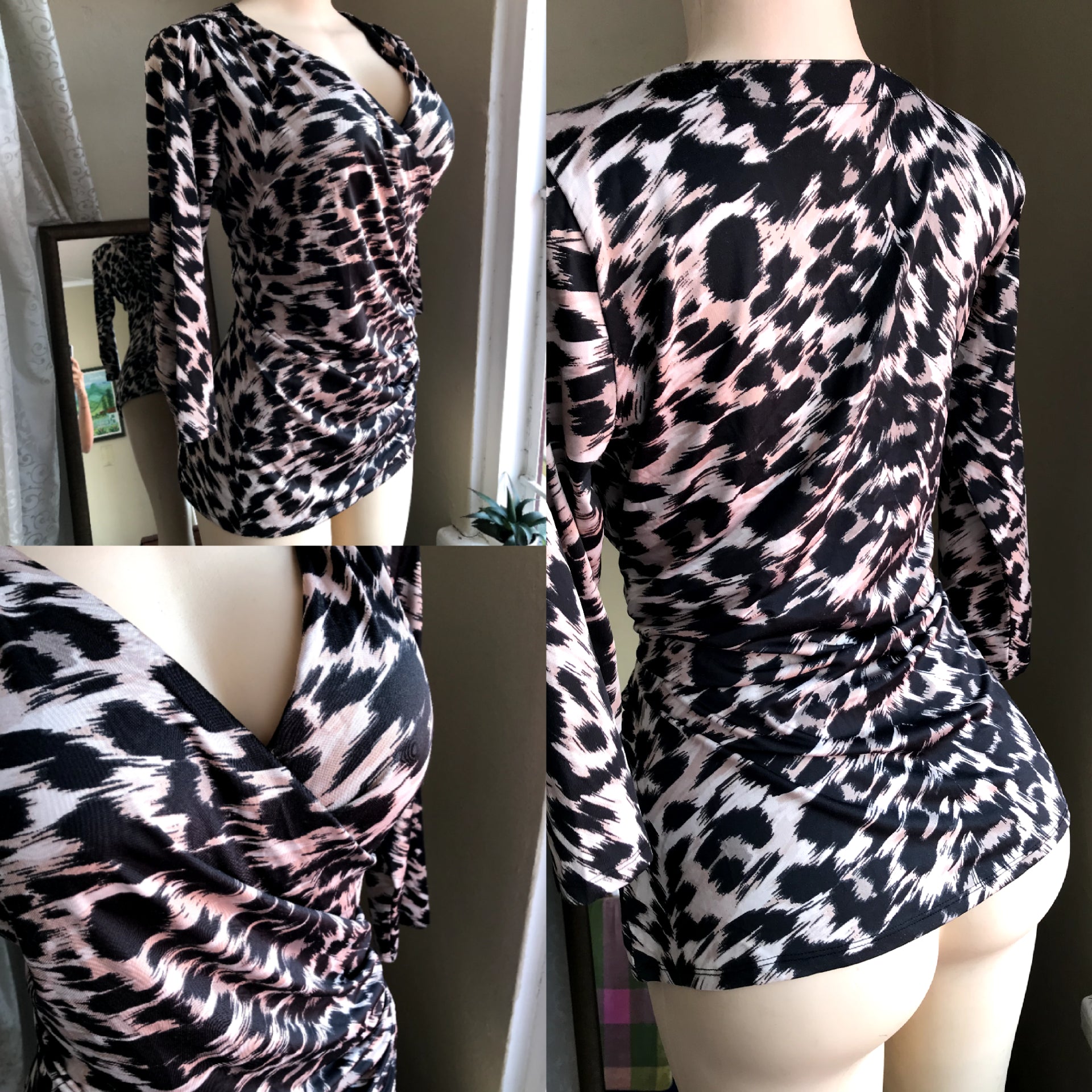 Retro Silky Long Sleeve Animal Print Blouse - M