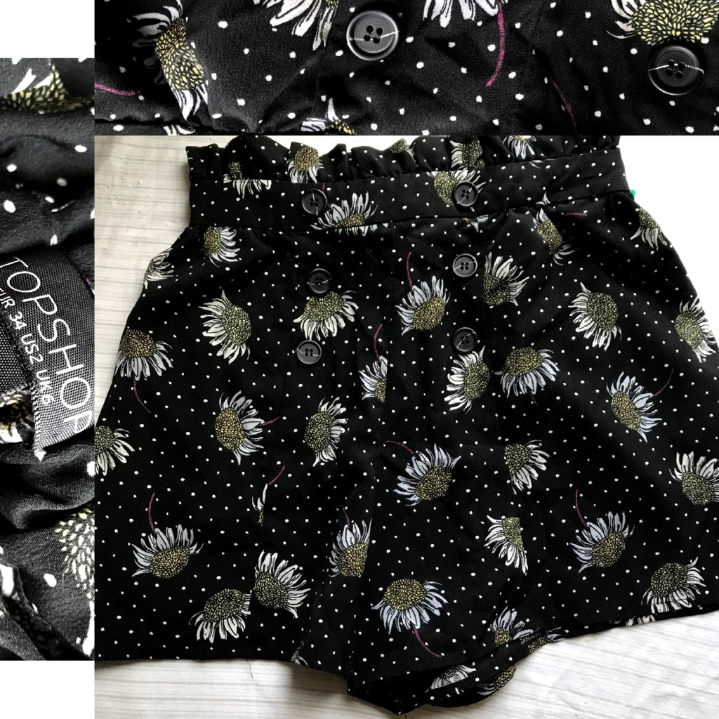 TopShop (UK) Sunflower Ruffle Waist Shorts w Button Detail - XS/S