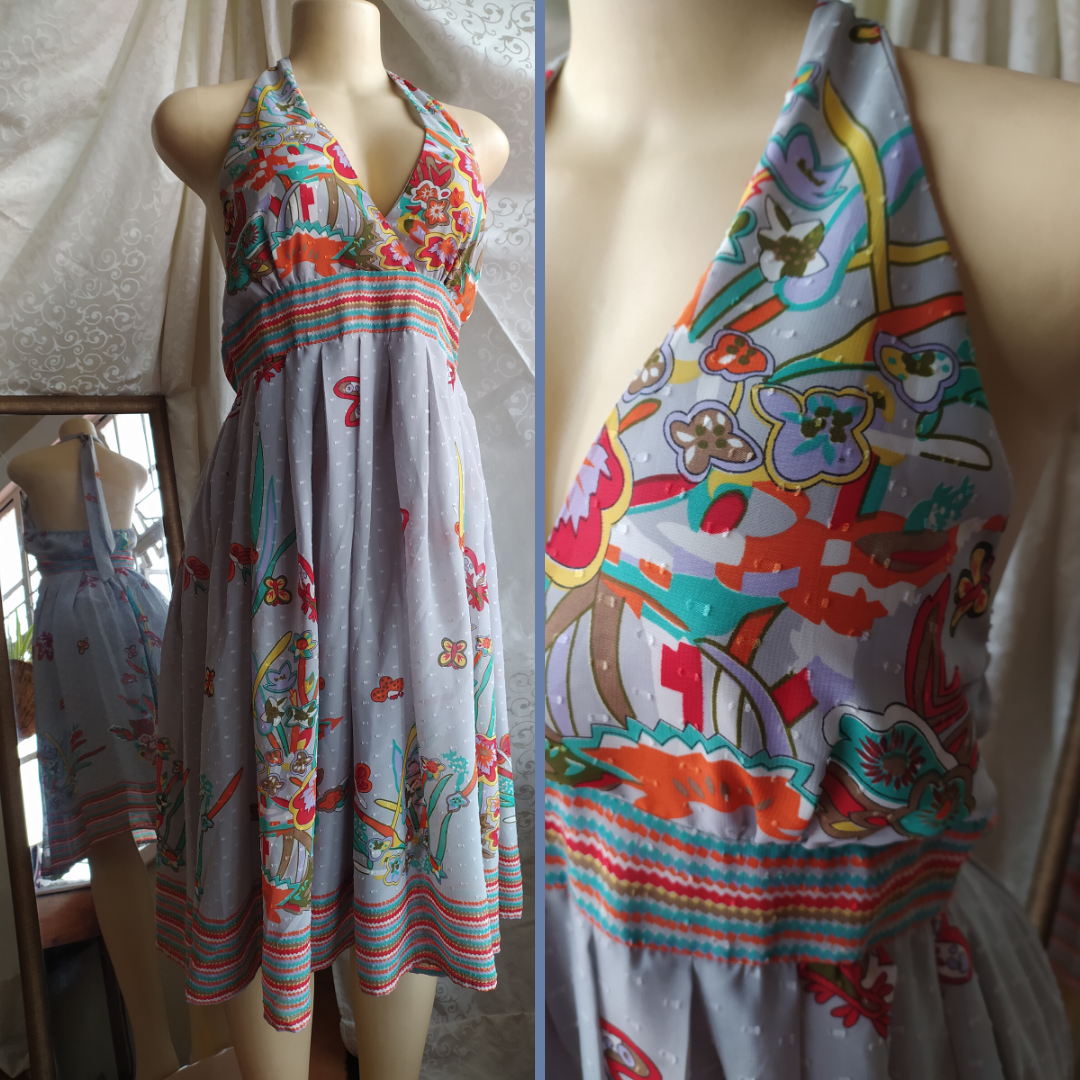 Grey Floral Halter Dress - M