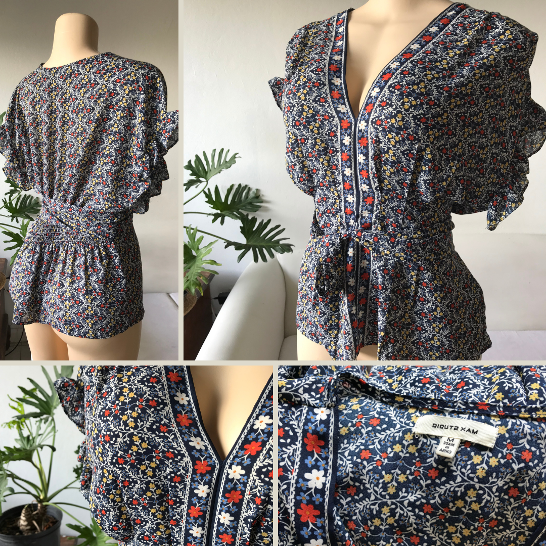Boho Floral Ruche Peplum Blouse - M