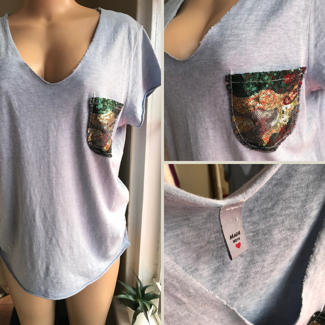 Soft Cotton Raw Edge Tee w Bedazzled Pocket - M/L