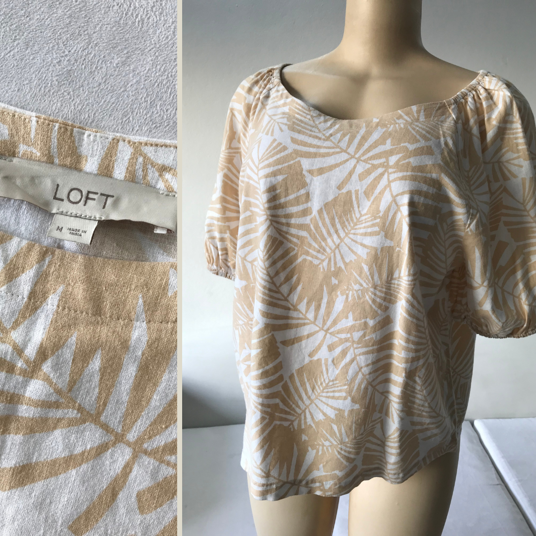 Ann Taylor Linen Beige Palm Print Blouse - M