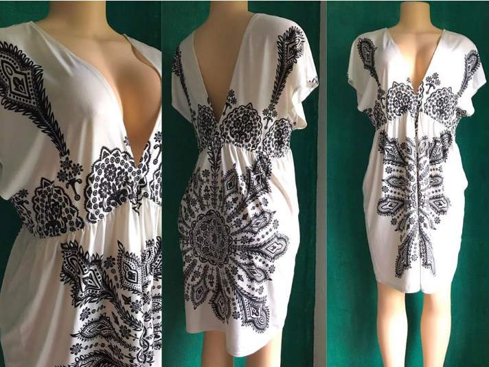 B&W Print Plunge Neck Dress