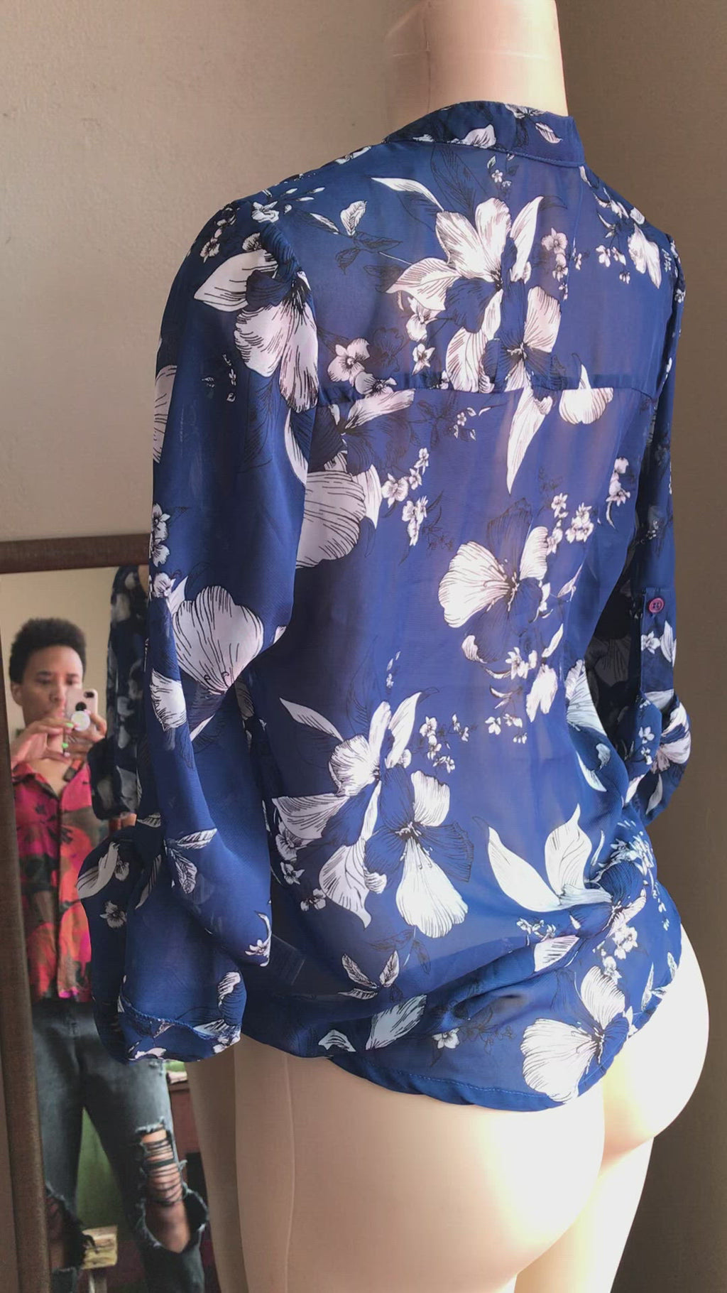 Navy Sheer Floral Blouse V Cut