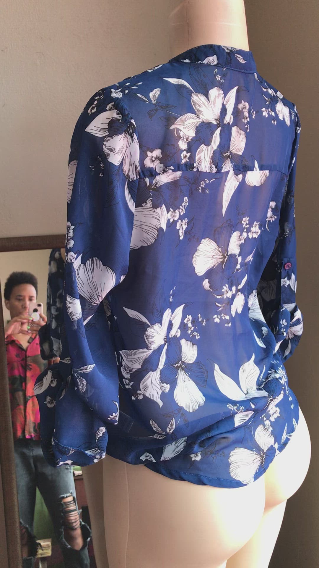 Navy Sheer Floral Blouse V Cut