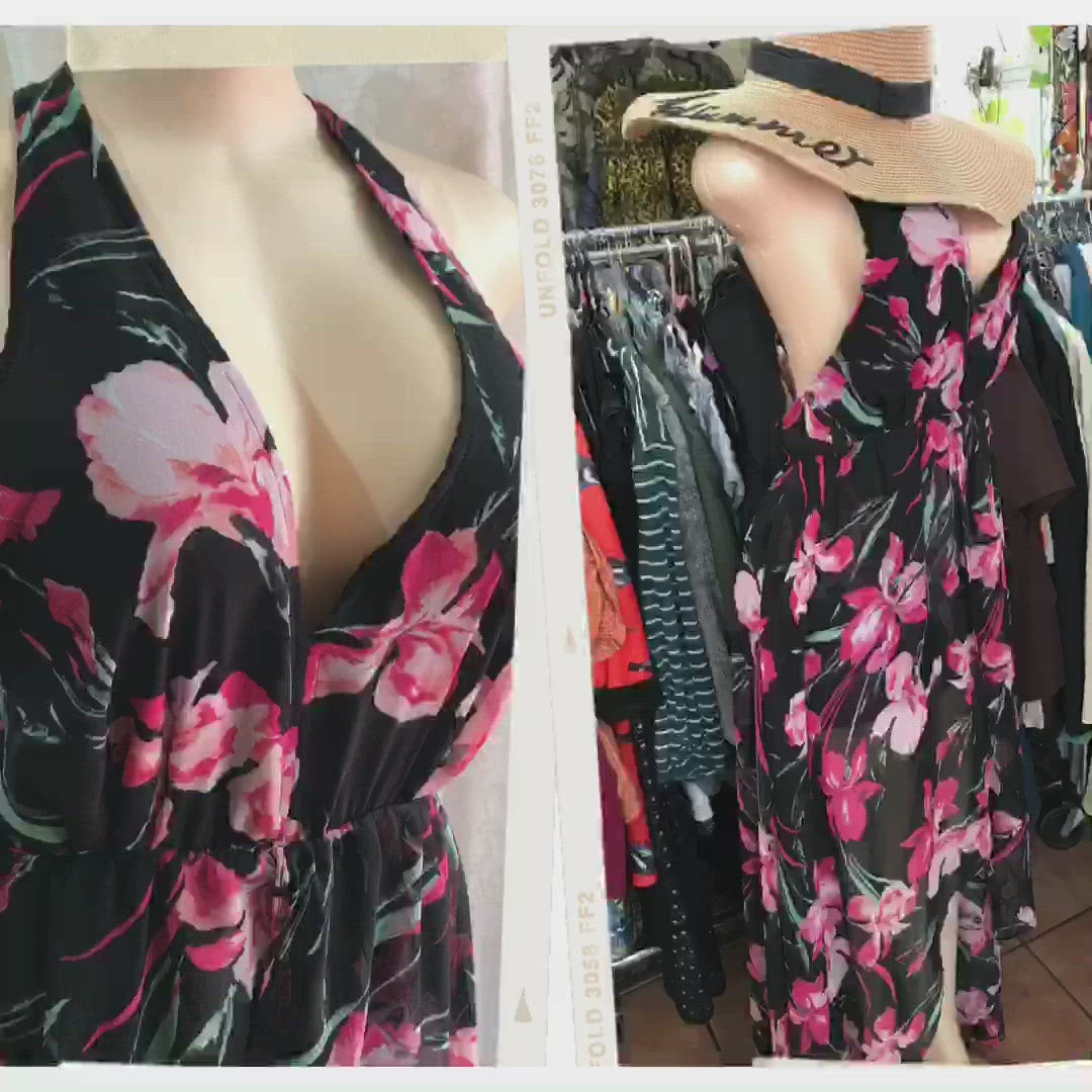 Black Floral Print Goddess Romper Halter - M
