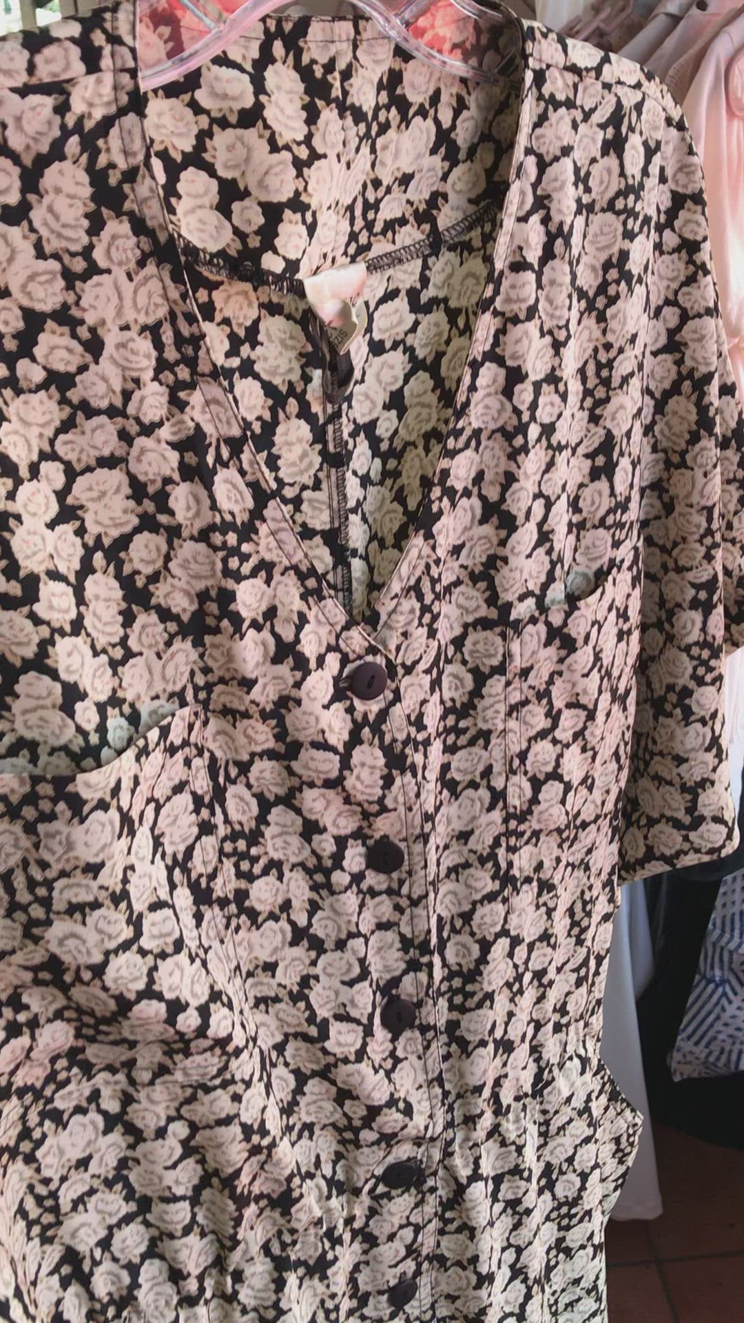 Vintage Floral Button Down Dress Pockets Cream