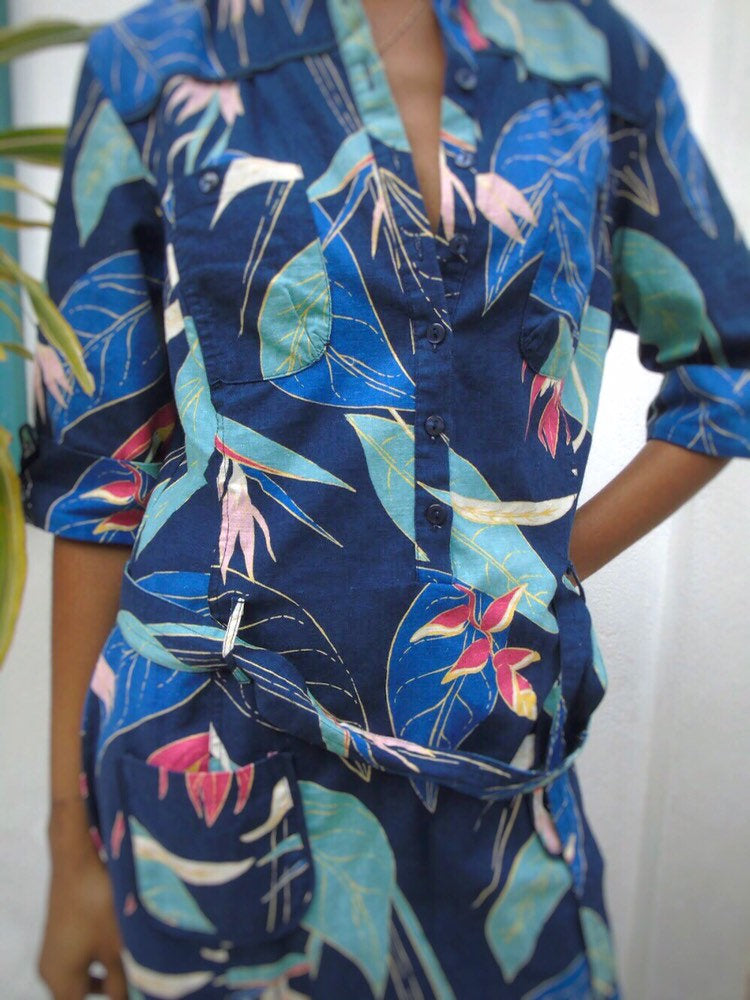 Tropical Floral Cuffed Vintage Linen Shirt Dress