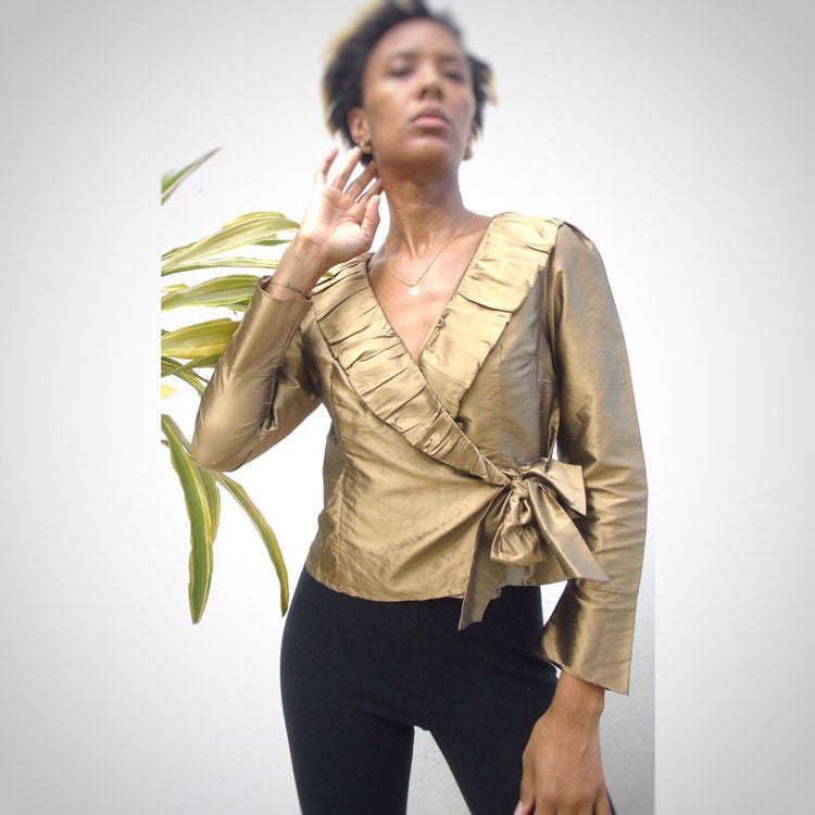 100% Silk Gold Fashion Wrap Blouse Jacket - xs/ S >>>