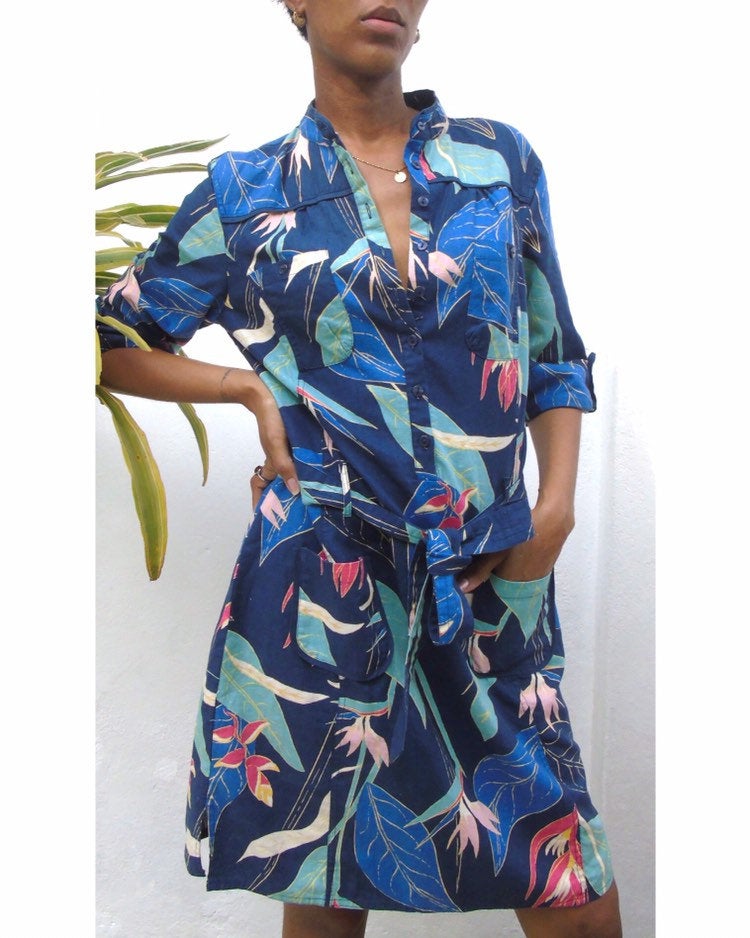 Tropical Floral Cuffed Vintage Linen Shirt Dress