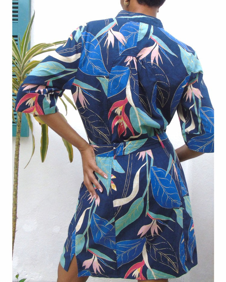 Tropical Floral Cuffed Vintage Linen Shirt Dress