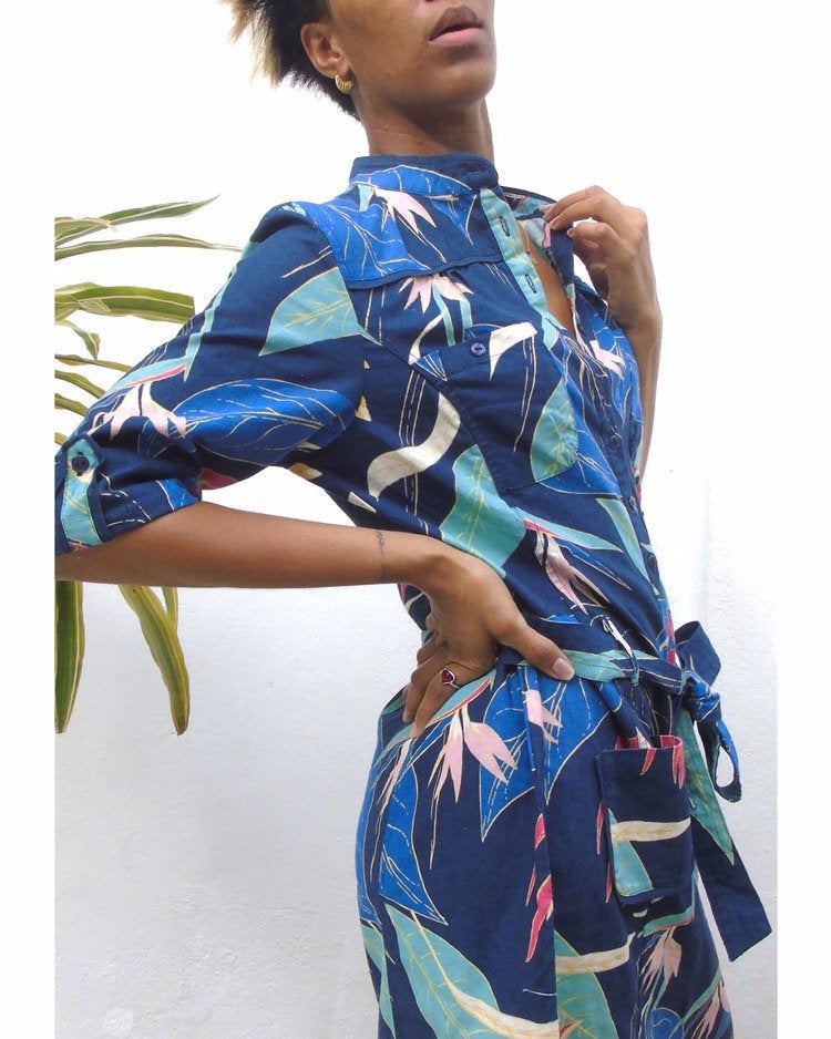 Tropical Floral Cuffed Vintage Linen Shirt Dress