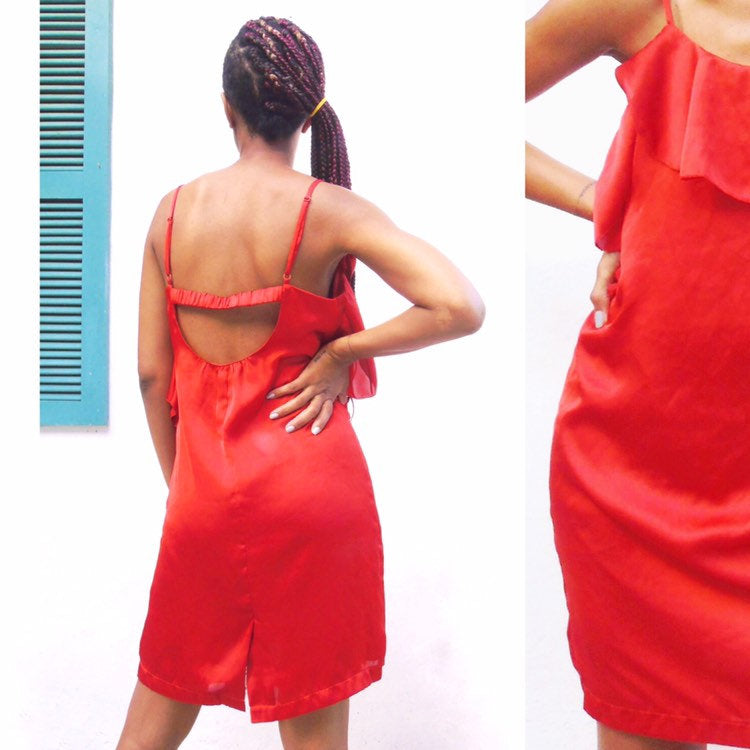 90s Vintage Red Slip Dress With Ruffle / Jamaica