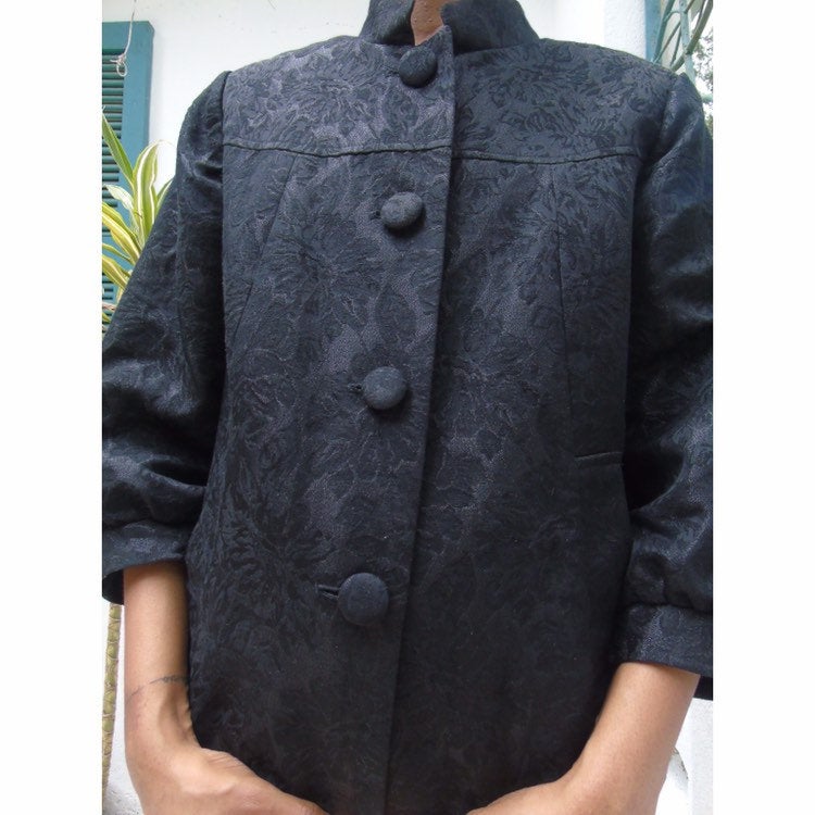 80s Ivory Nehru Collar Floral Embossed Jacket Asian Mandarin