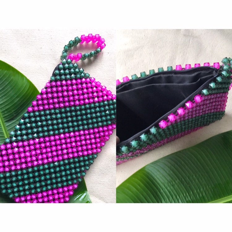 Unique Vintage Beaded Stripe Clutch / Jamaica