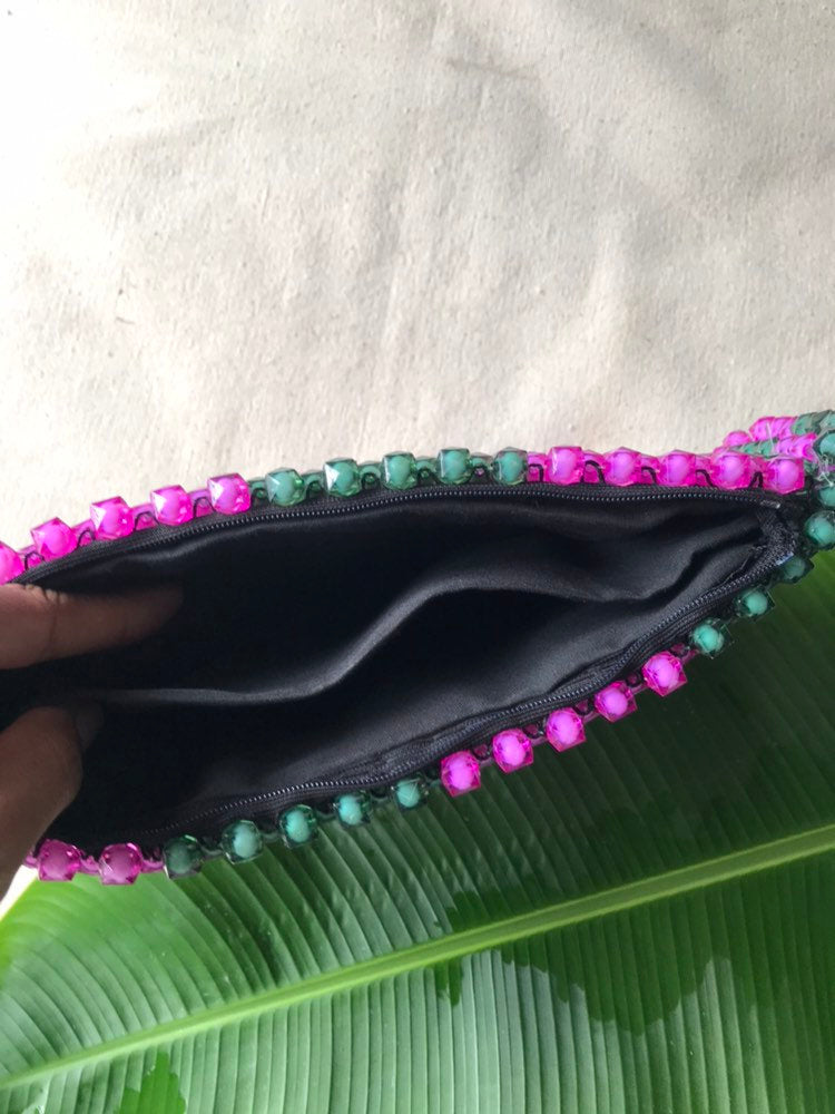 Unique Vintage Beaded Stripe Clutch / Jamaica