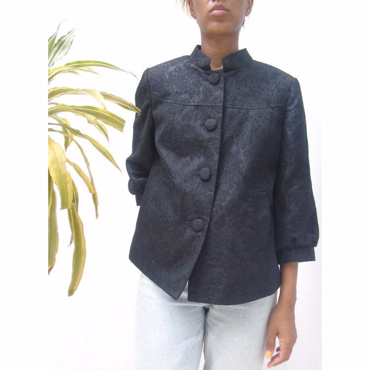 80s Ivory Nehru Collar Floral Embossed Jacket Asian Mandarin