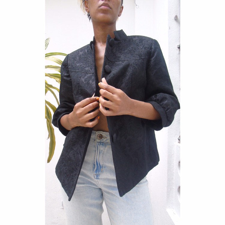 80s Ivory Nehru Collar Floral Embossed Jacket Asian Mandarin