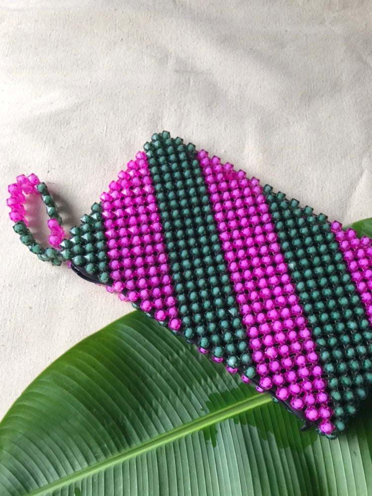 Unique Vintage Beaded Stripe Clutch / Jamaica