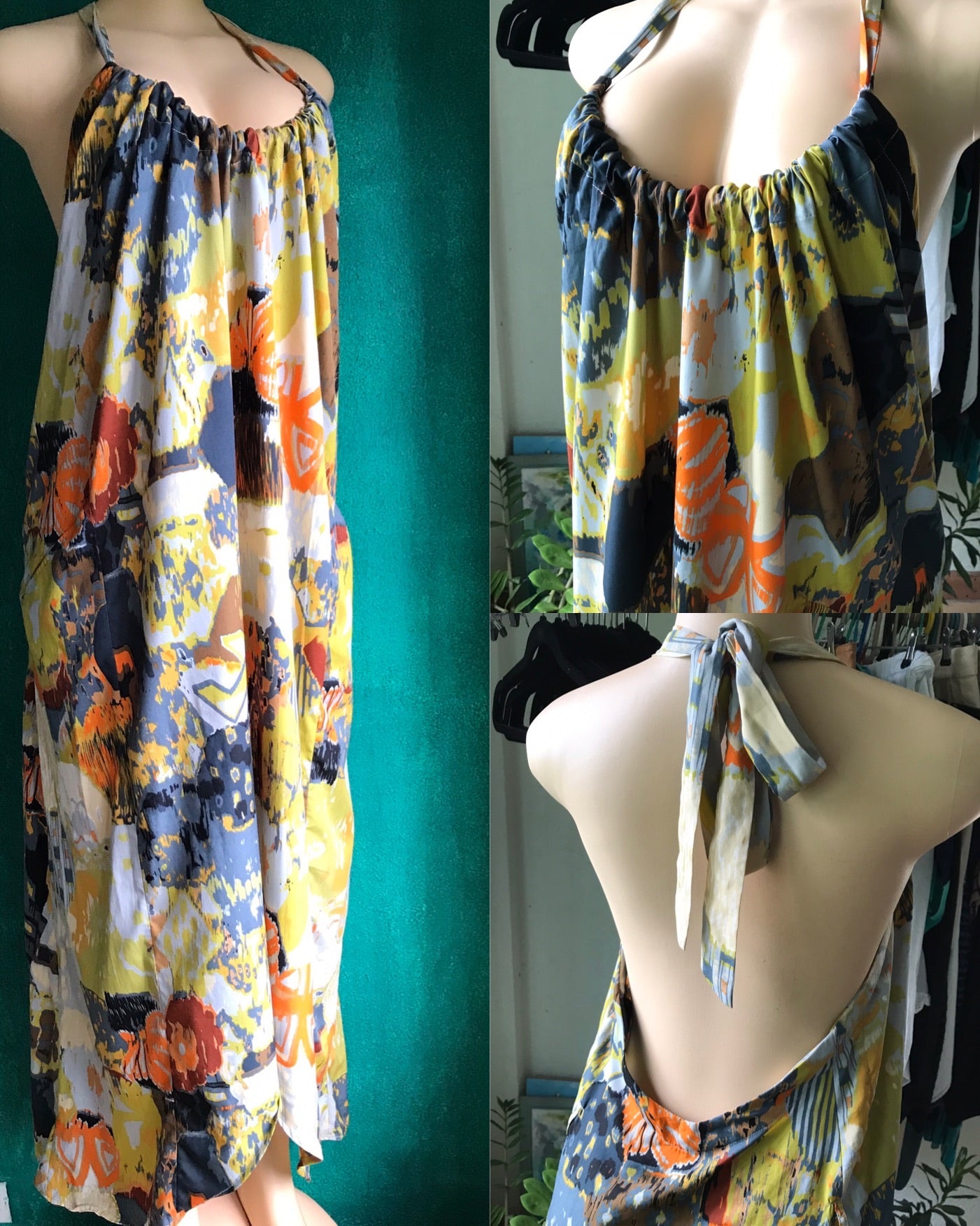 90s Vintage Abstract Print Maxi Halter Dress With Pockets
