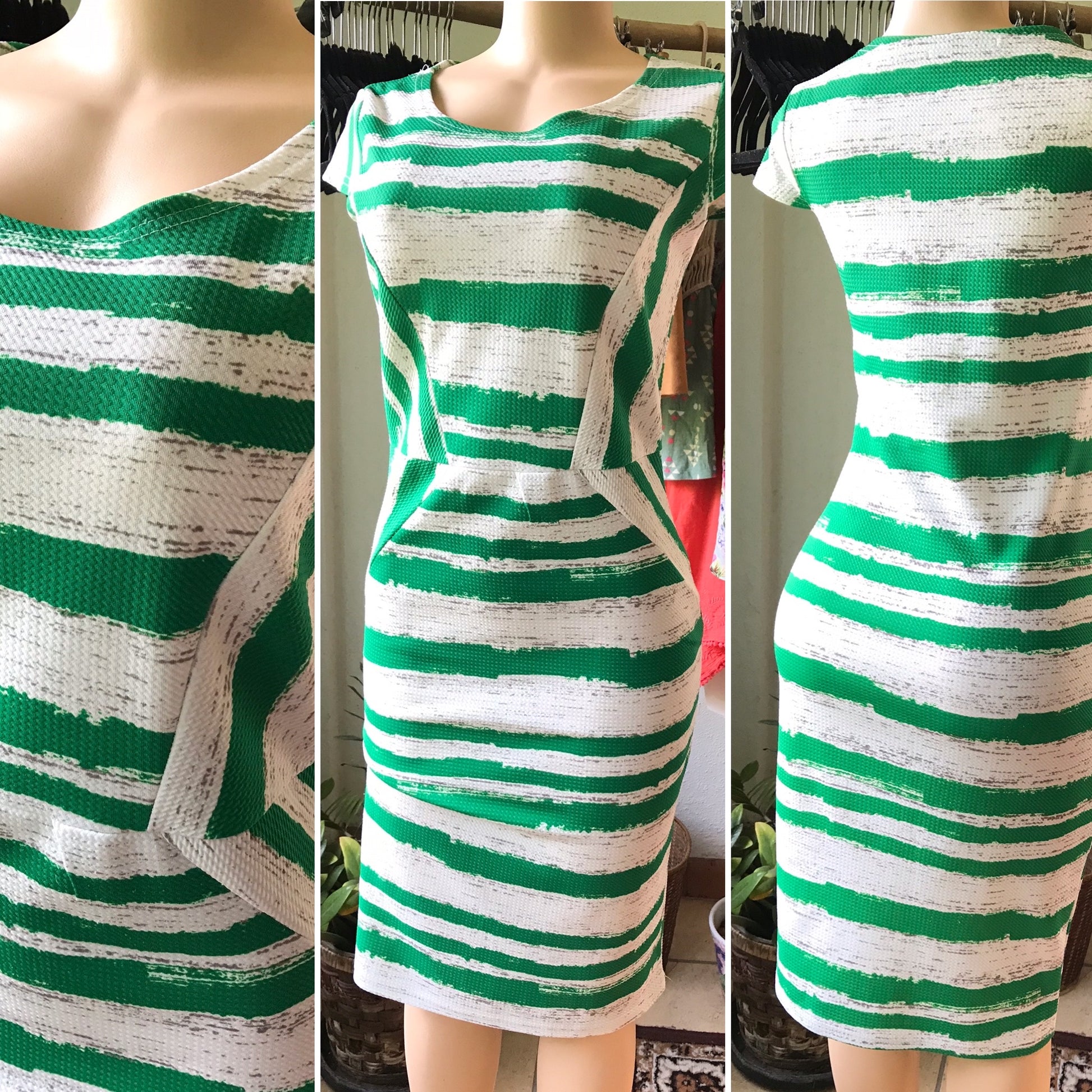 Green Stripe Fitted Dress Strech