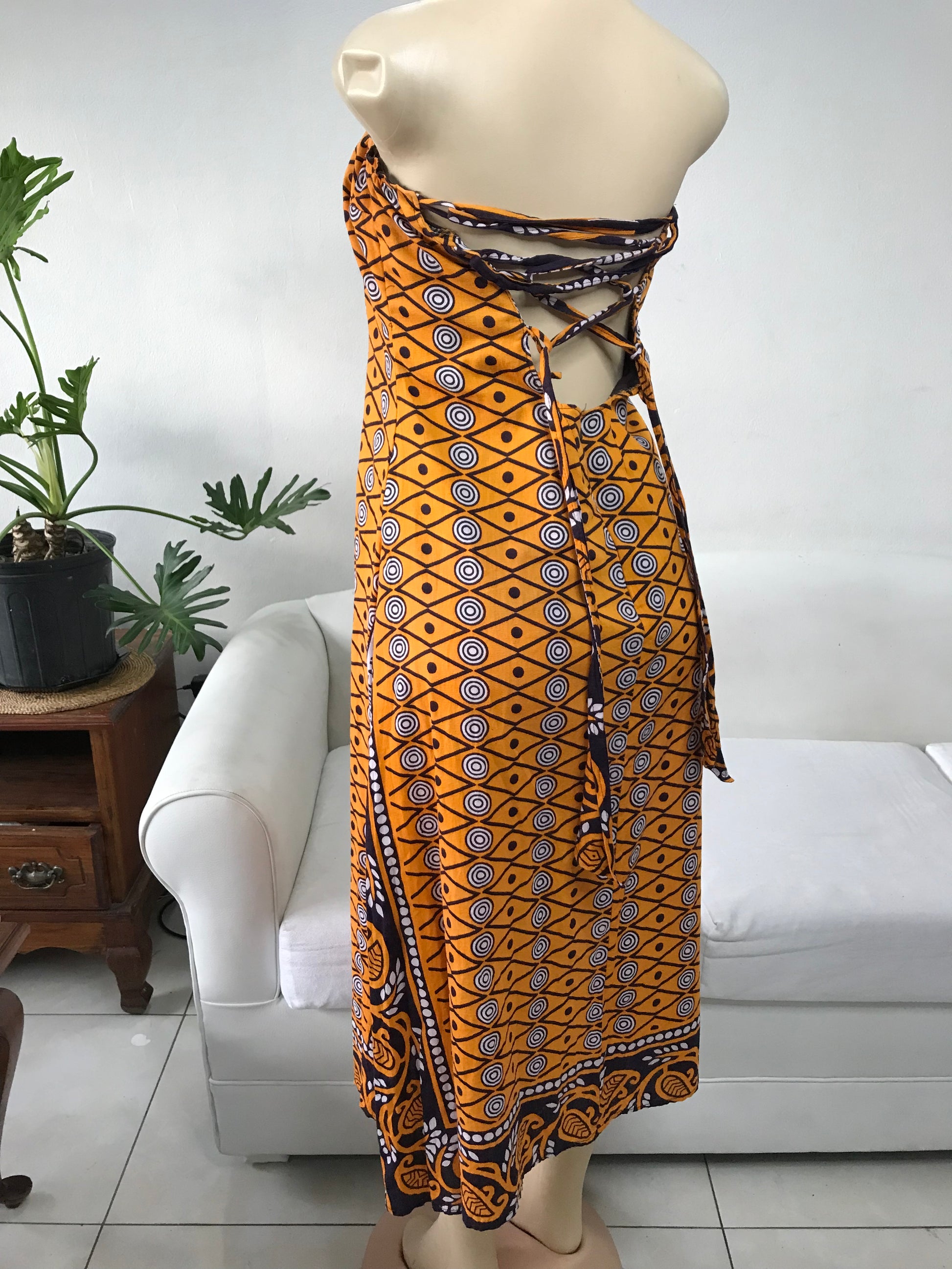 African Print Orange Dress Strap Back - M/ One Size