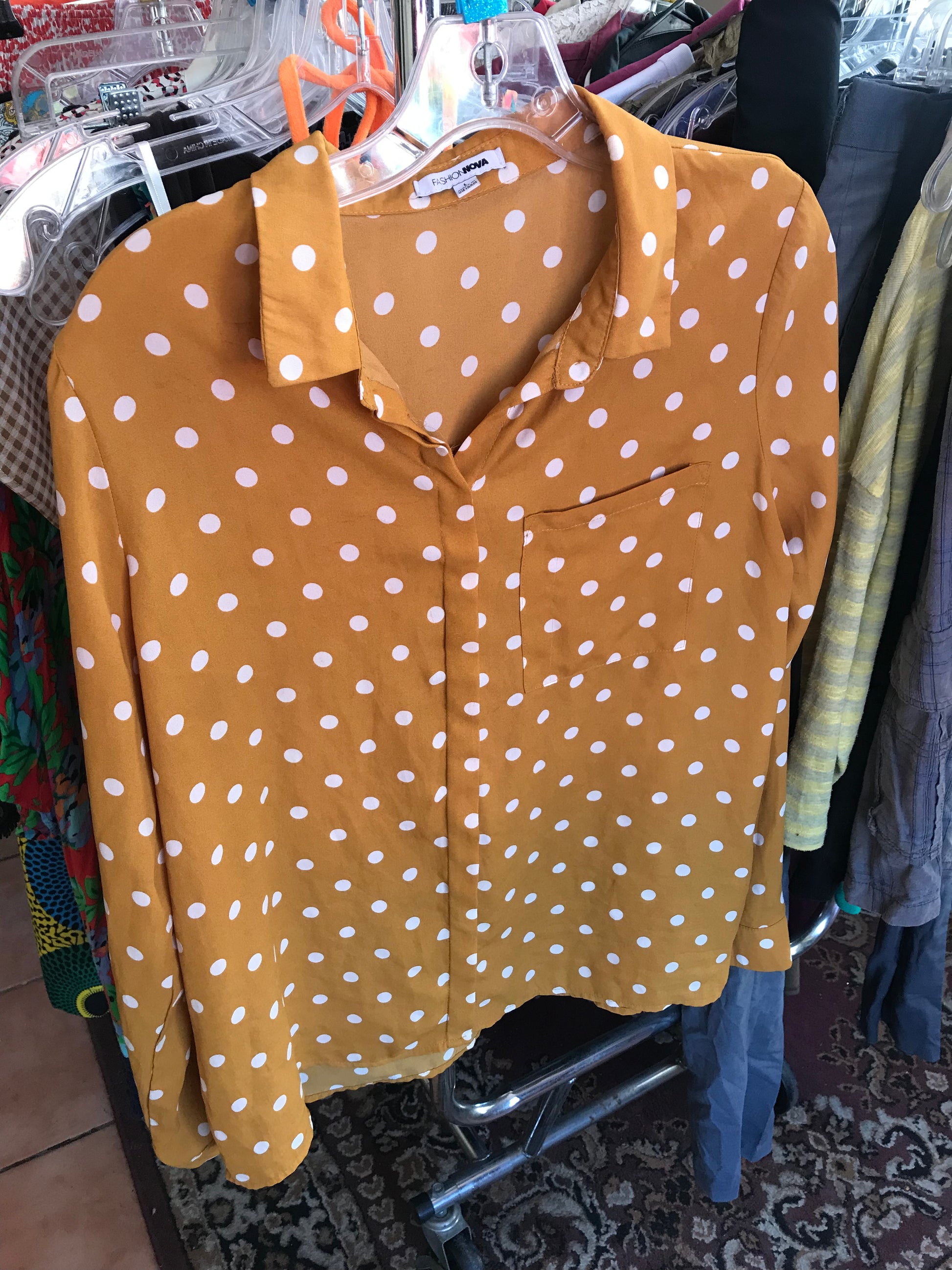 Fashion Nova Mustard Polka Button Shirt - L ...