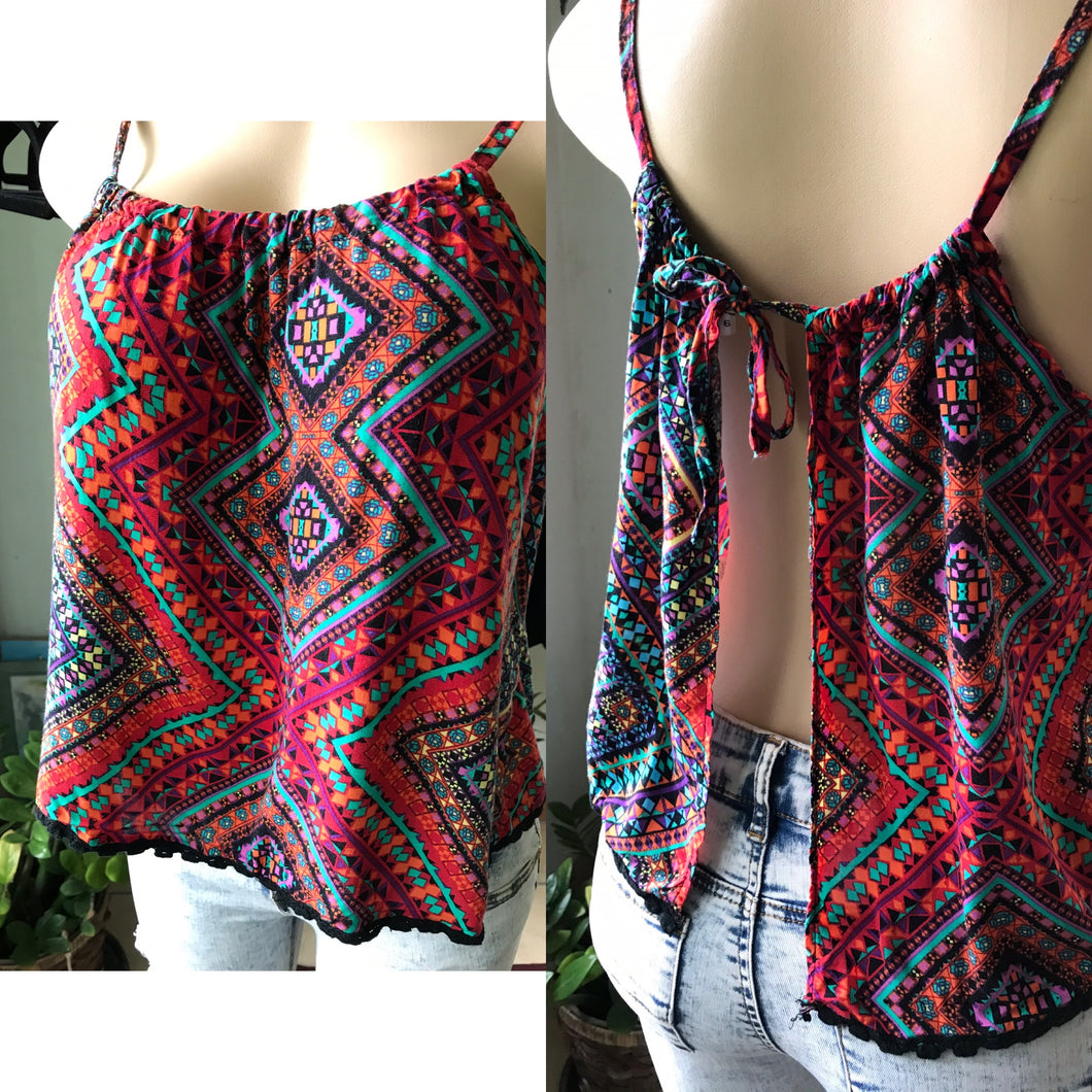 Boho Retro Look Print Backless Crochet Trim Top