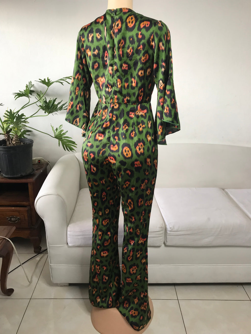 Green Silky Cheetah Bell Sleeve Occasion Jumpsuit / Romper  - S-M ~~~
