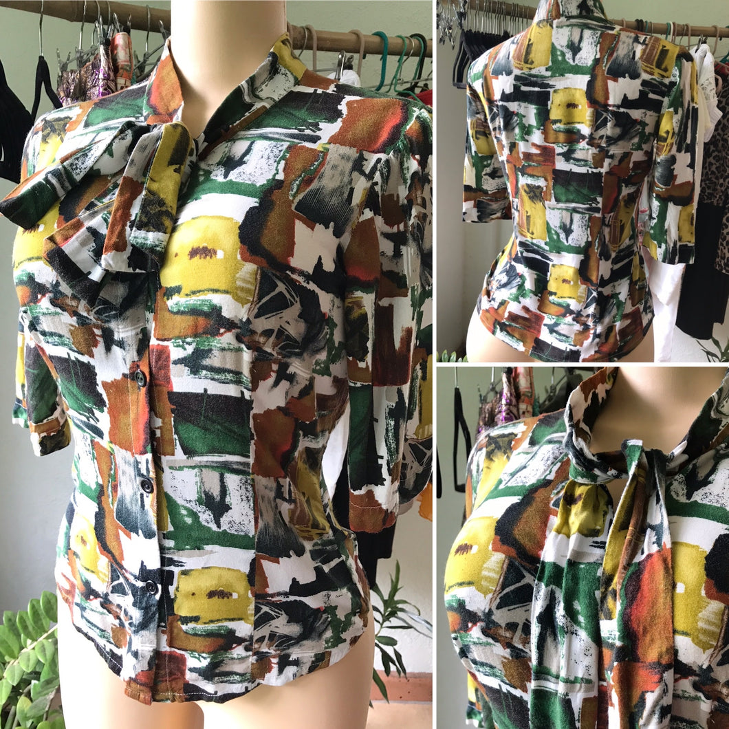 Vintage Earth Toned Abstract Button Down Blouse Tied