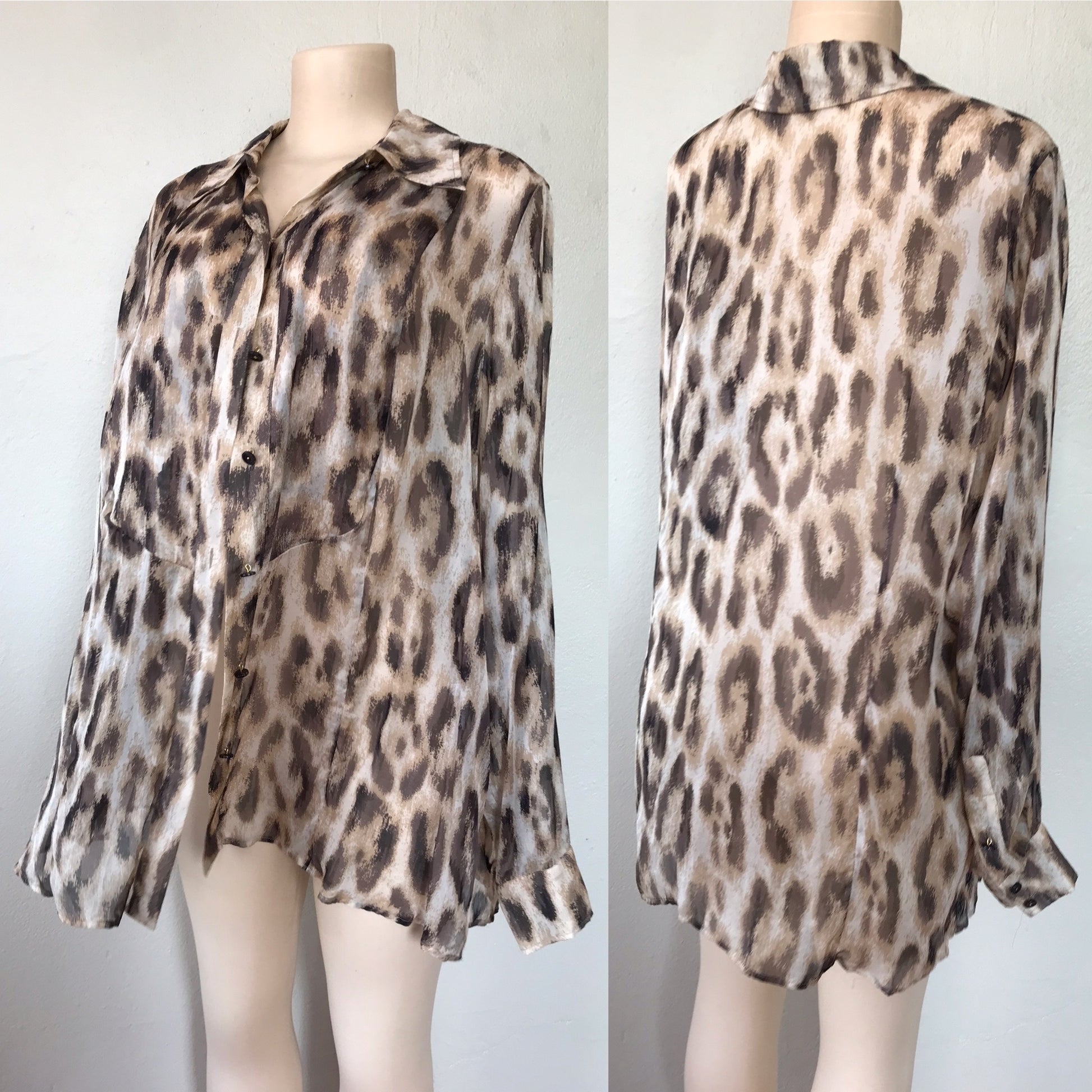 Vintage Paper Thin Cheetah Print Relaxed Blouse Long Sleeve