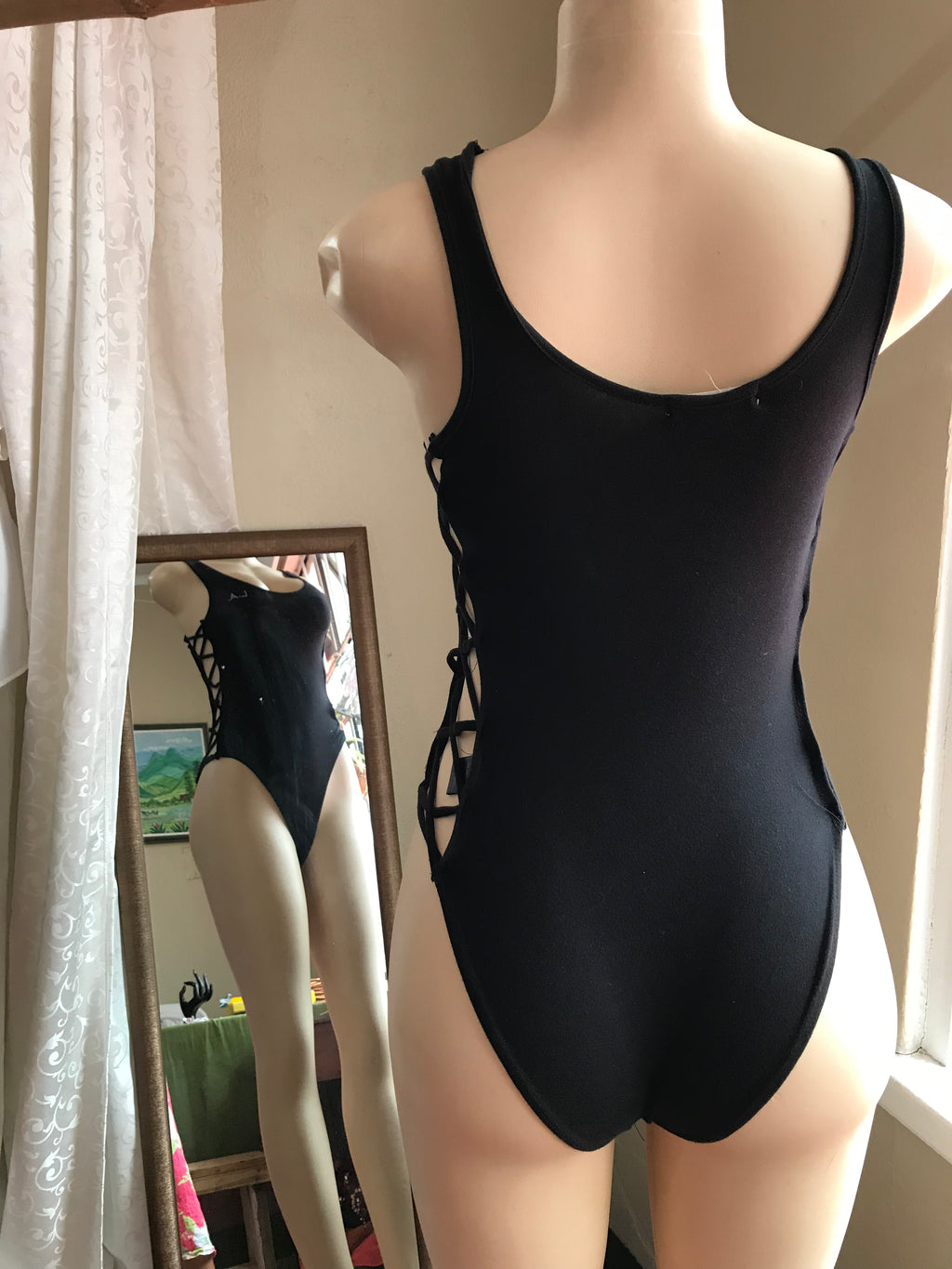 LA Embroidered Black Lace Up Bodysuit - S