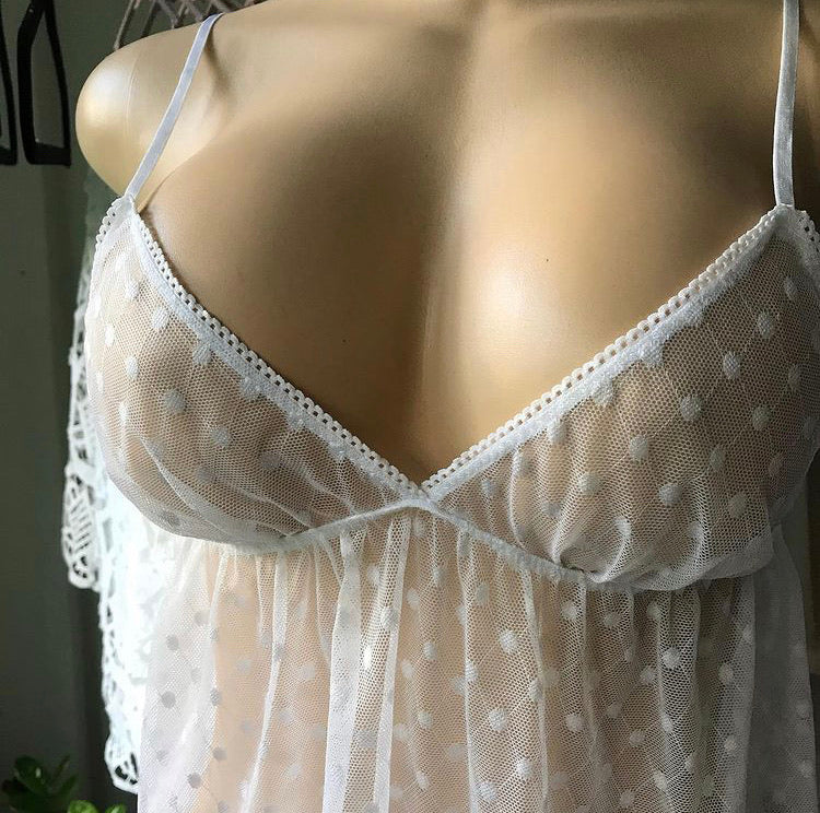 90s White Mesh Dot Lingerie Peekaboo Back