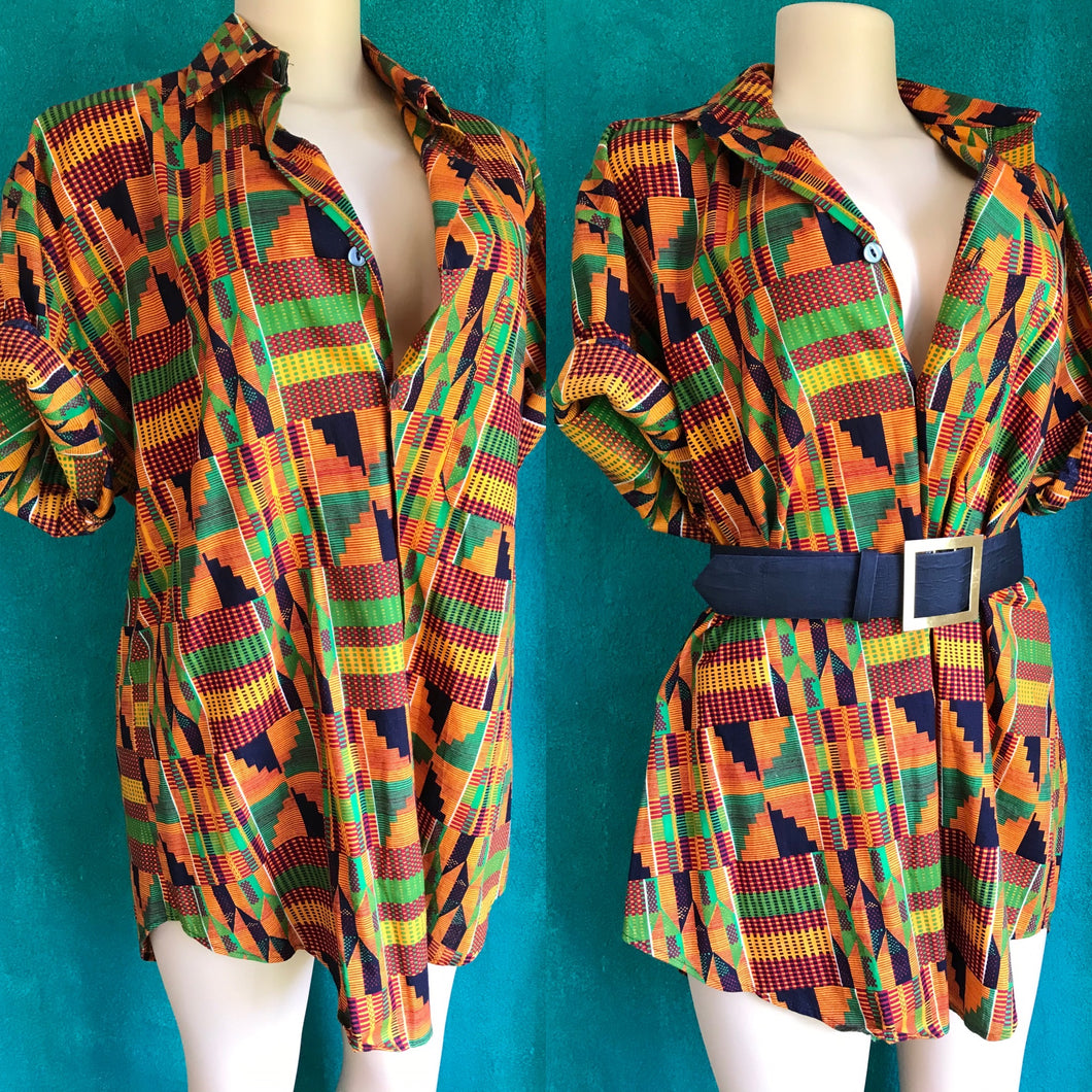 Never Worn 80s Vintage African Print Men's Button Down 100% Cotton New