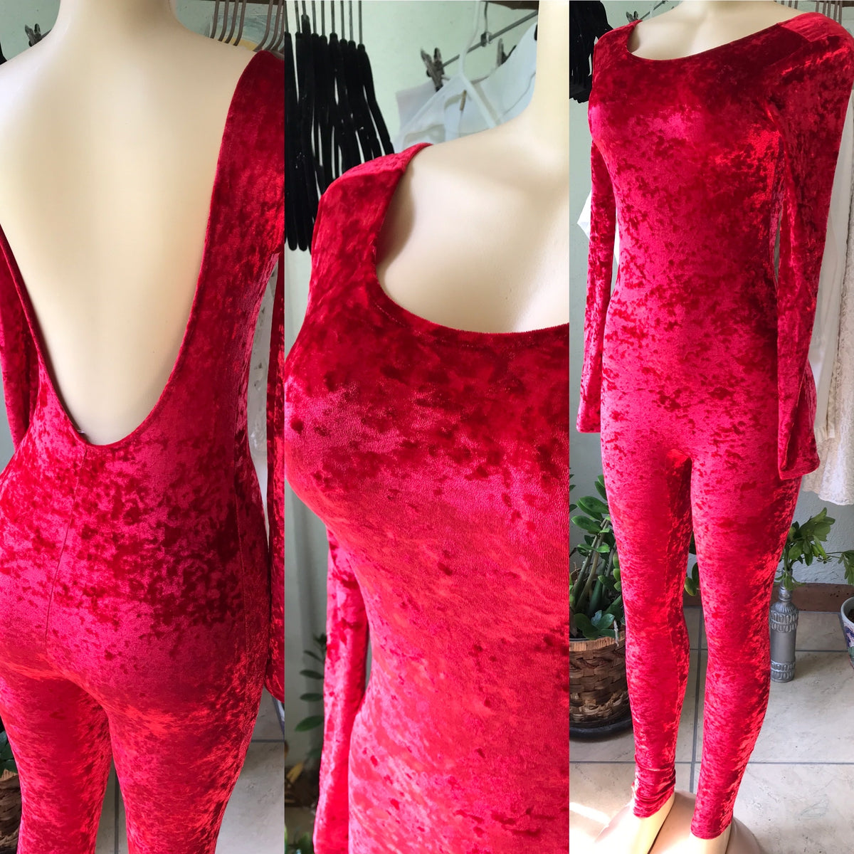 Red Velvet Backless Catsuit Jumpsuit •••