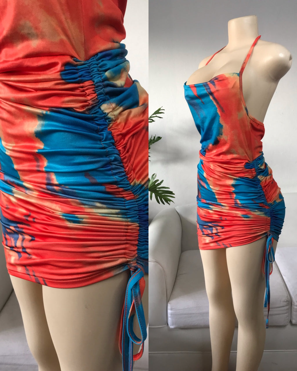 Sideboob Marble Ruche Dress Adjustable orange blue - M