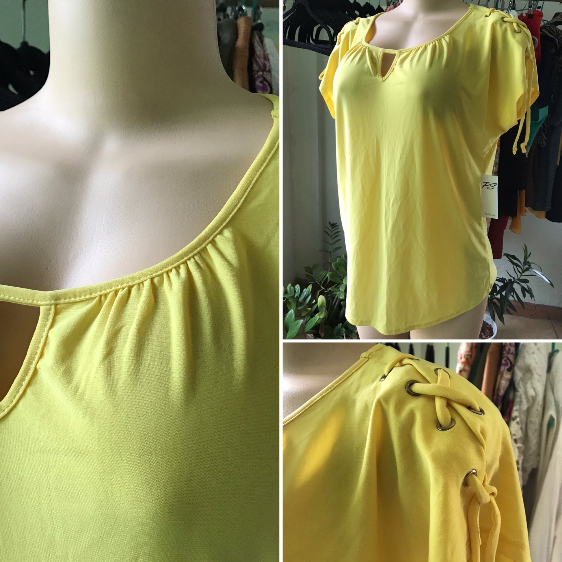 New Yellow Lace Up Detail Keyhole Blouse