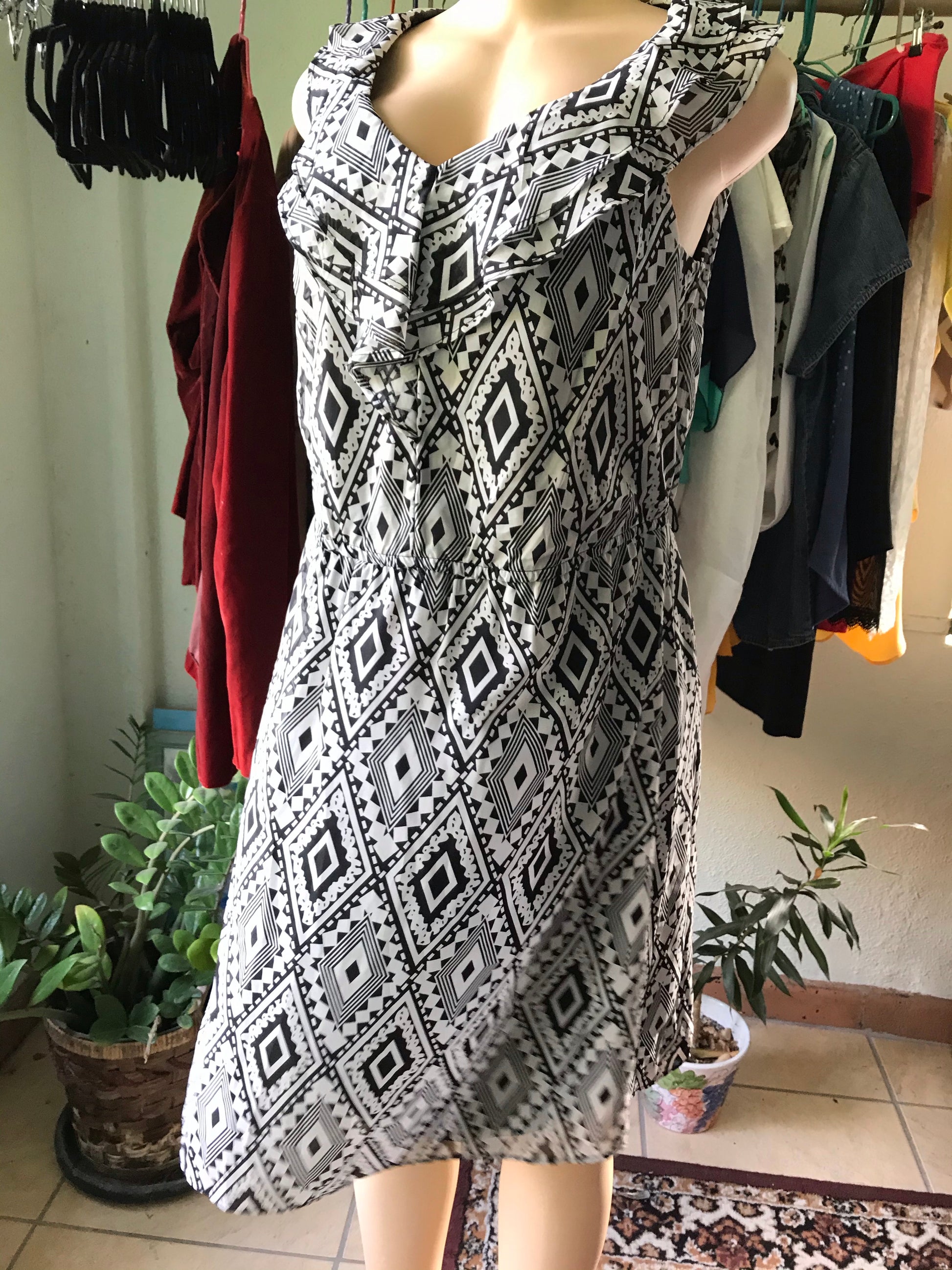B&W Geo Sheer Ruffle Dress
