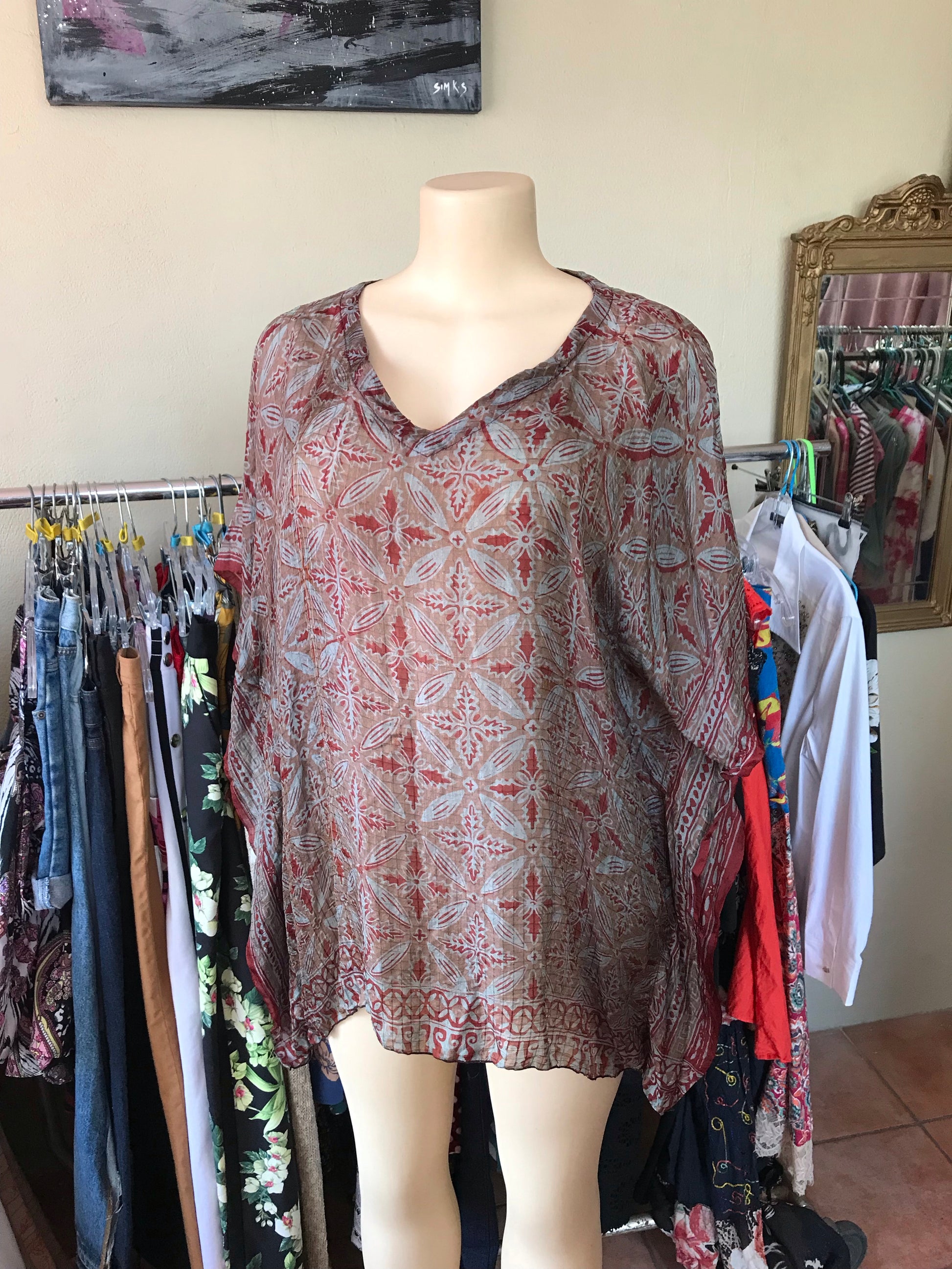 100% Silk Grey & Red Print Kaftan Blouse One Size